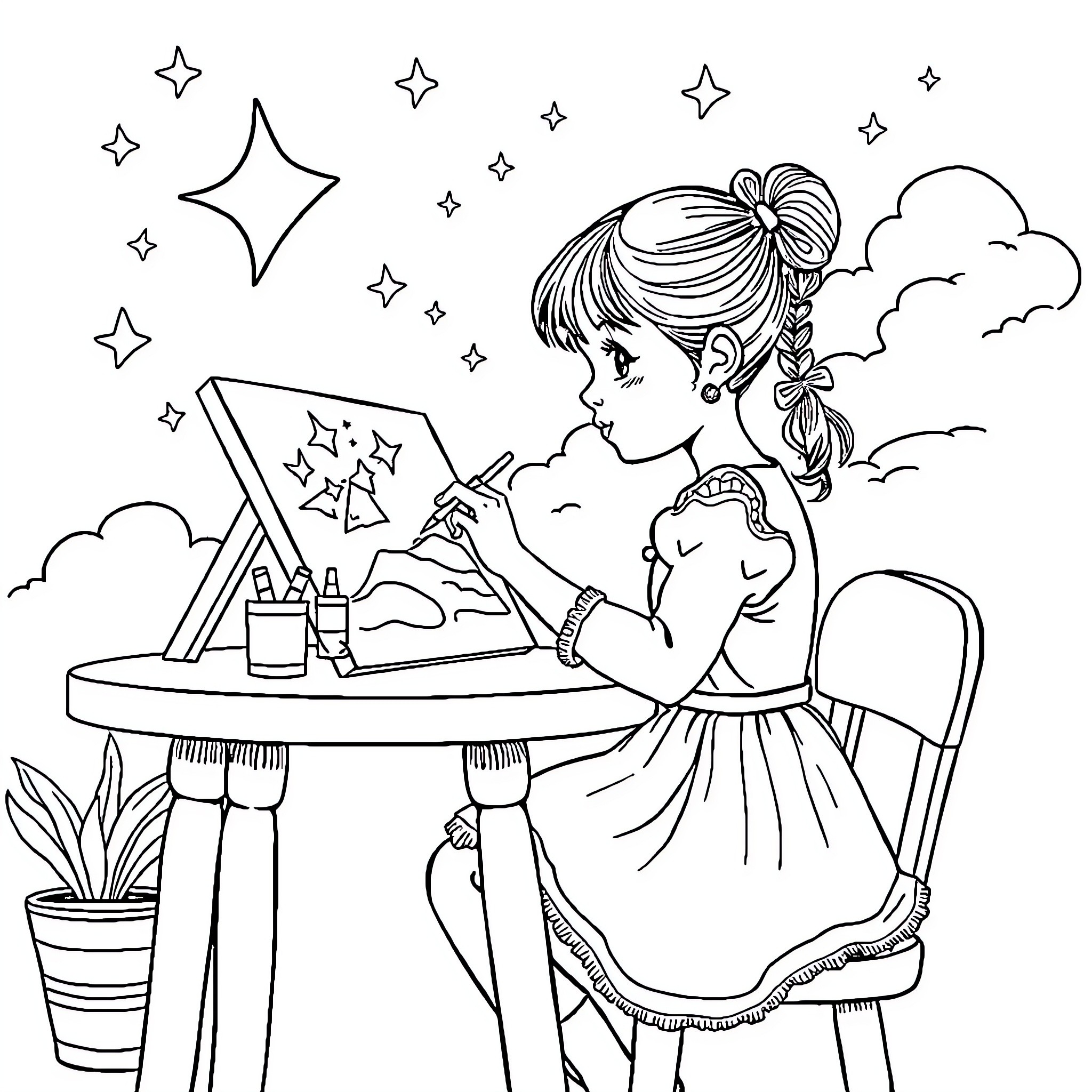 Girl creating a starry night scene Coloring Page (free black-and-white line drawing printable PDF for all, from beginners to advanced learners, including children, teens, adults, and seniors)