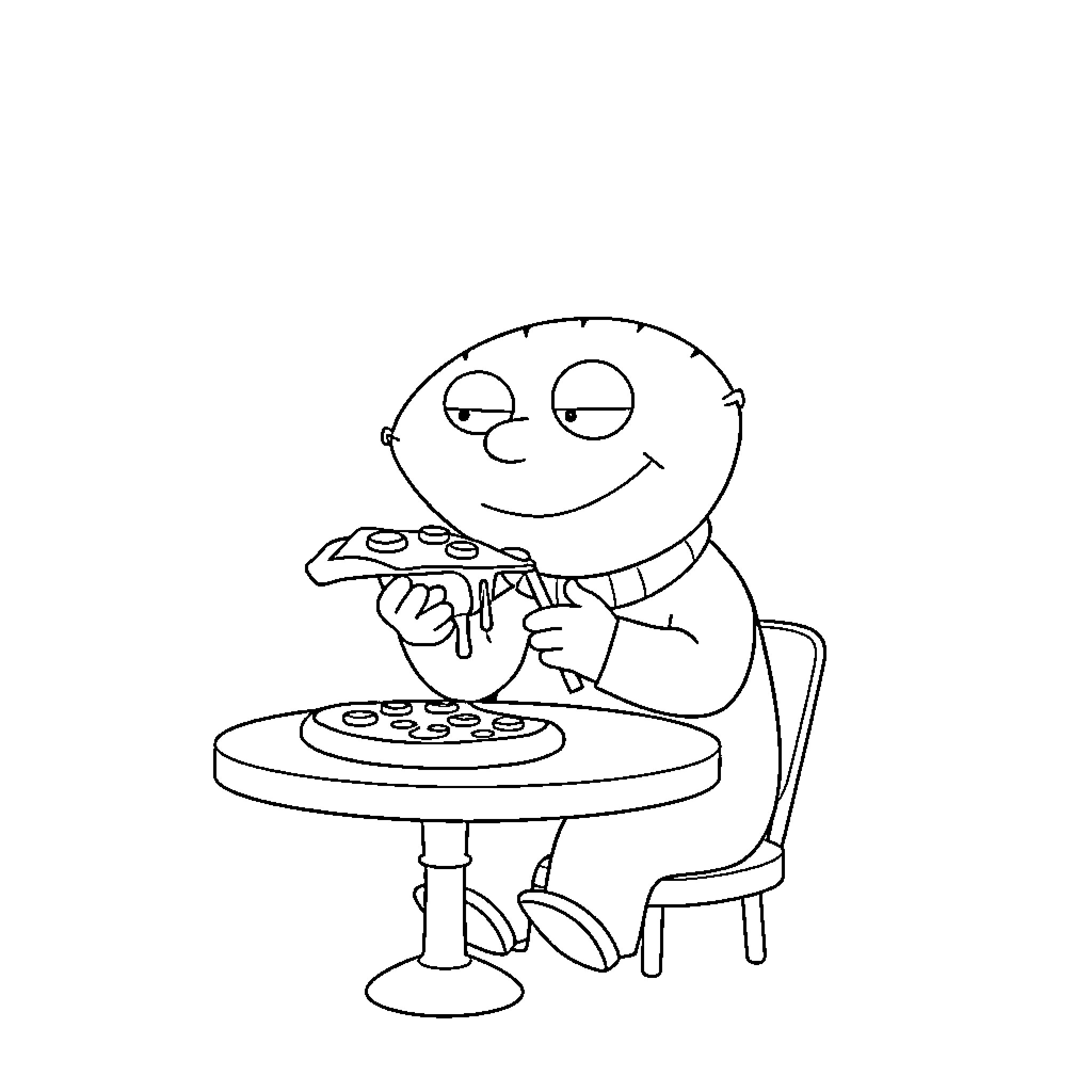 Stewie Griffin playing video games happily Coloring Page (free black-and-white line drawing printable PDF for all, from beginners to advanced learners, including children, teens, adults, and seniors)