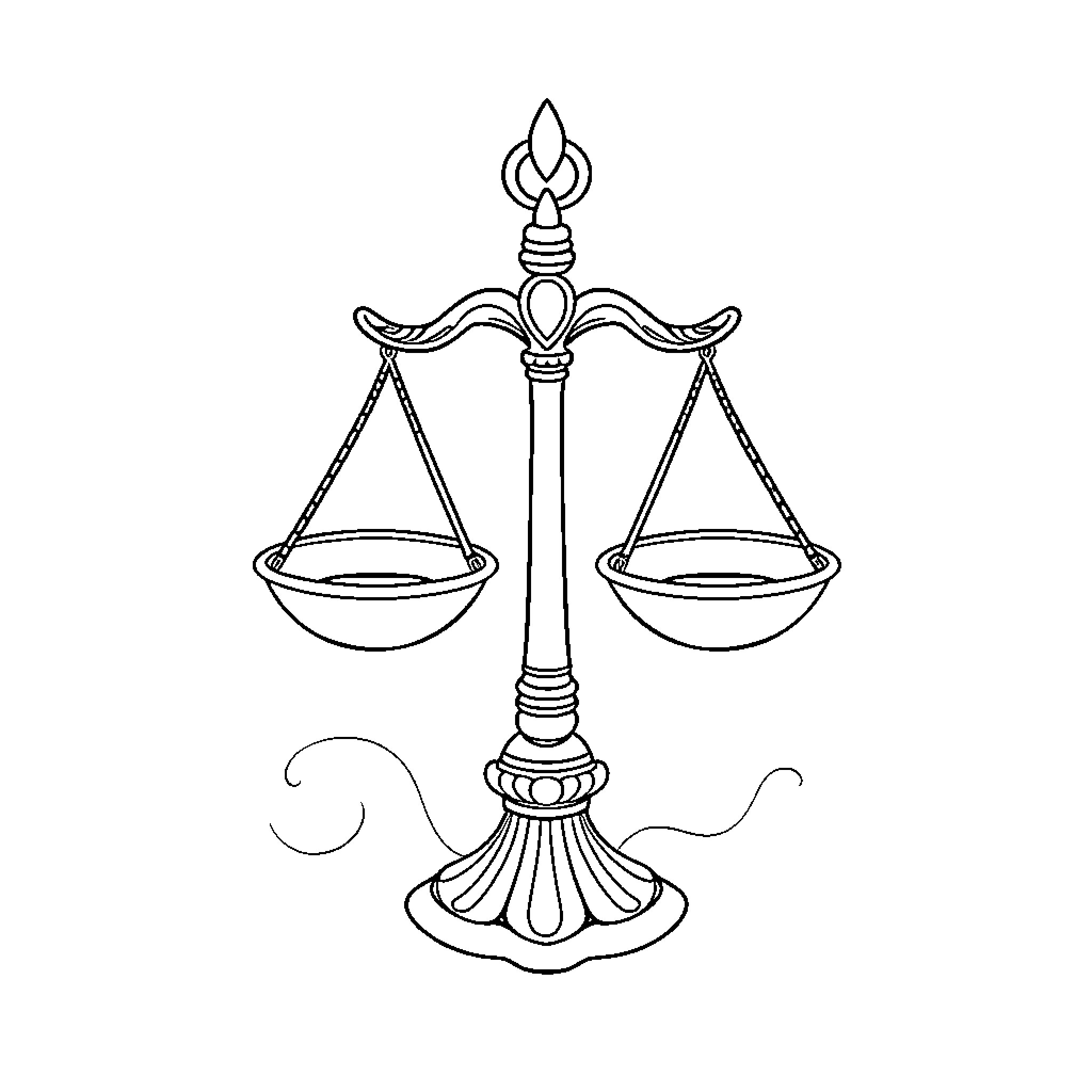 Libra Scales of Justice Illustration Coloring Page (free black-and-white line drawing printable PDF for all, from beginners to advanced learners, including children, teens, adults, and seniors)