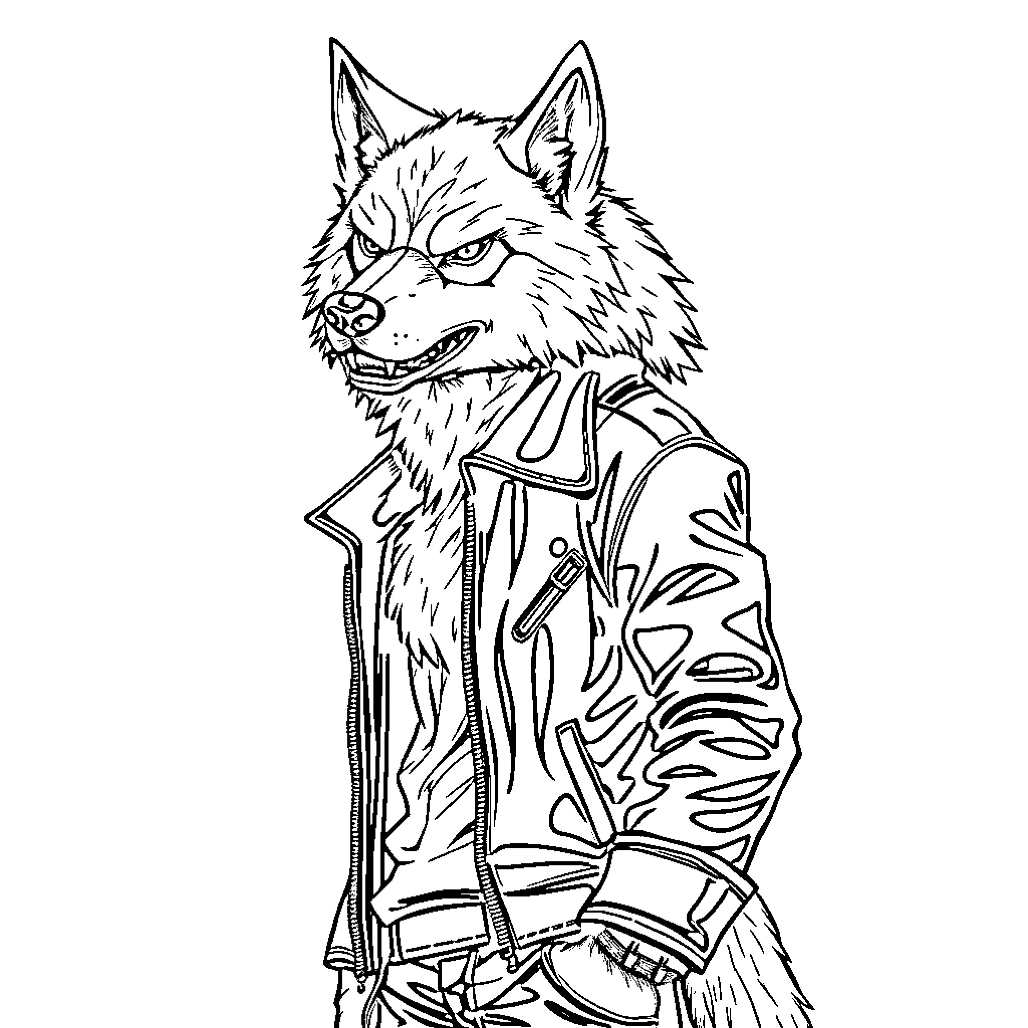 Wolf in punk rock outfit Coloring Page (free black-and-white line drawing printable PDF for all, from beginners to advanced learners, including children, teens, adults, and seniors)