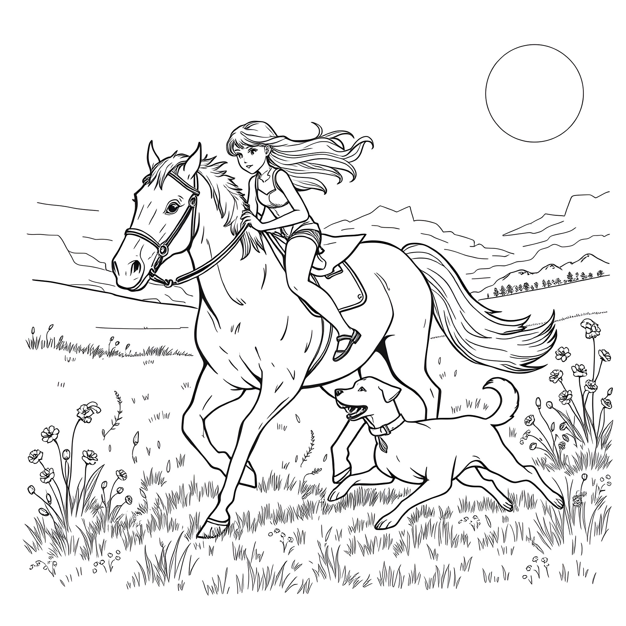 Teen Girl Riding Horse and Chasing Dog in Field Coloring Page (free black-and-white line drawing printable PDF for all, from beginners to advanced learners, including children, teens, adults, and seniors)
