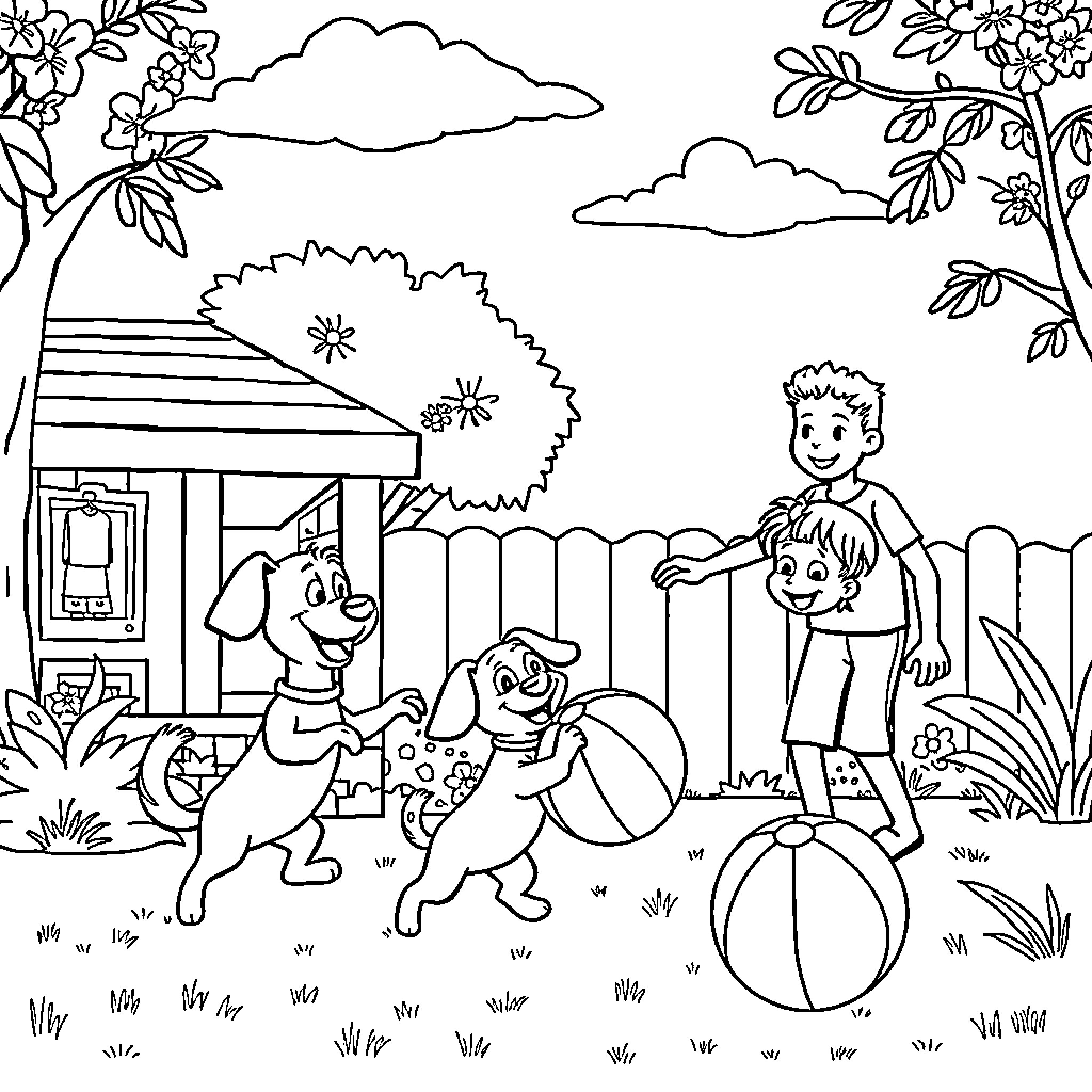 Bluey and friends playing in the backyard Coloring Page (free black-and-white line drawing printable PDF for all, from beginners to advanced learners, including children, teens, adults, and seniors)