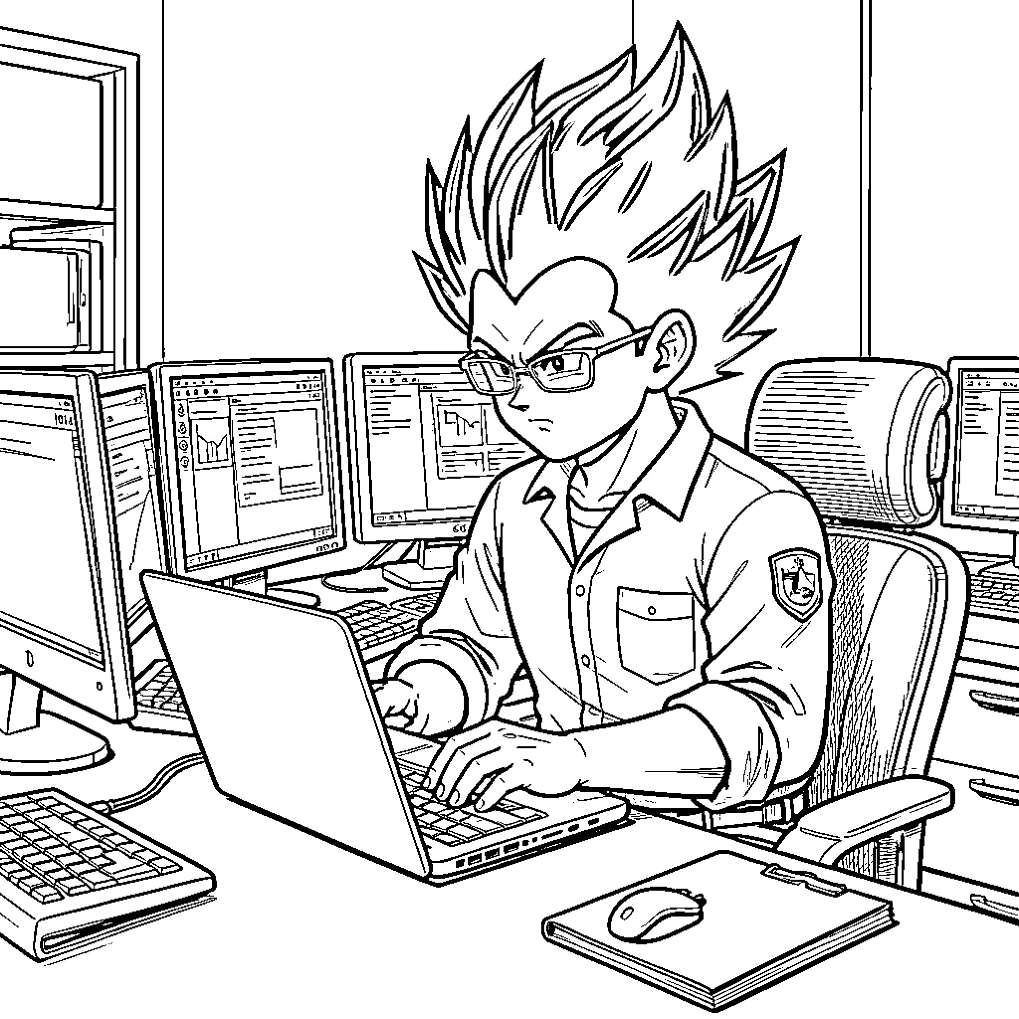 Vegeta working intently on a computer in an office Coloring Page (free black-and-white line drawing printable PDF for all, from beginners to advanced learners, including children, teens, adults, and seniors)