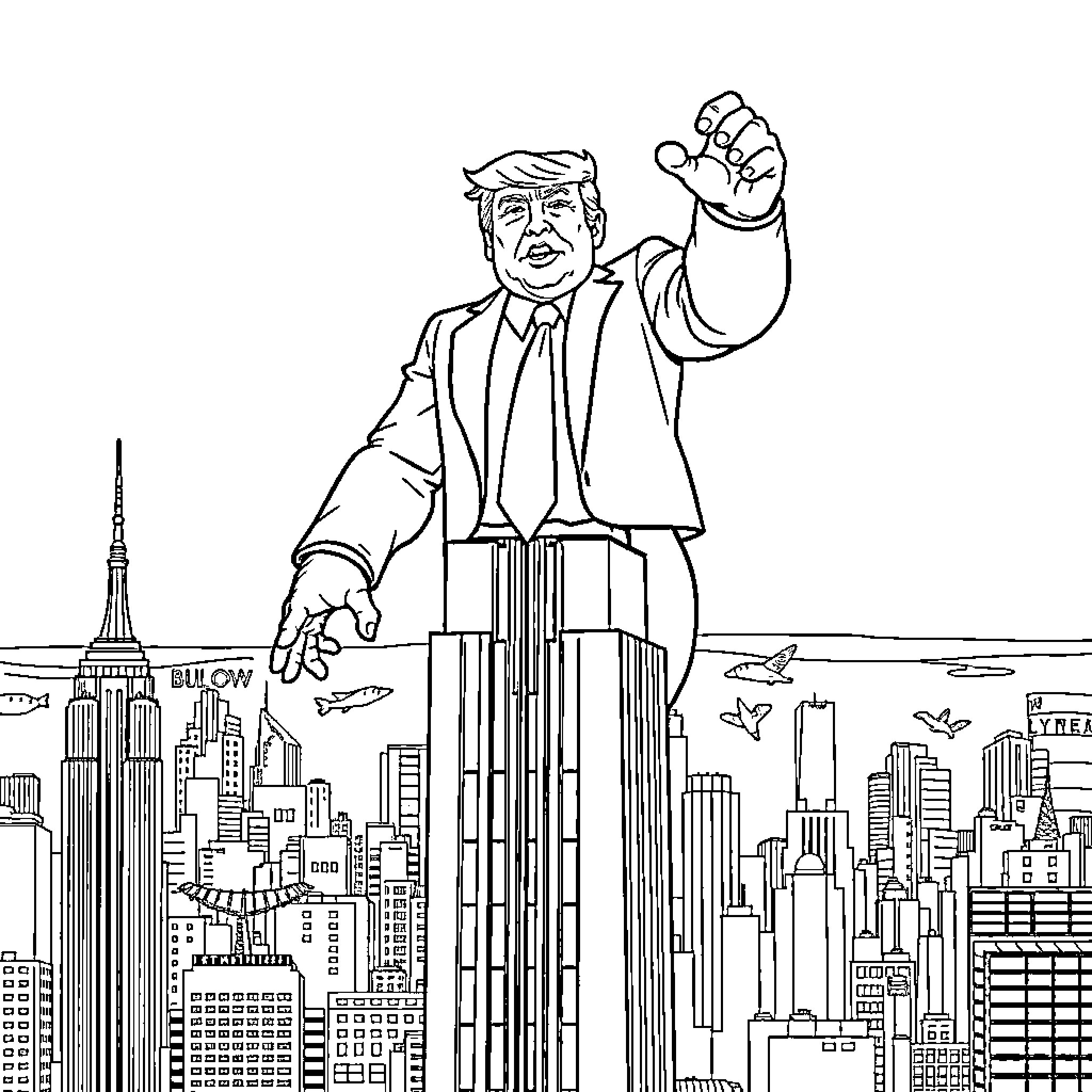 Trump's Animated Gestures amid the Towering Cityscape Coloring Page (free black-and-white line drawing printable PDF for all, from beginners to advanced learners, including children, teens, adults, and seniors)