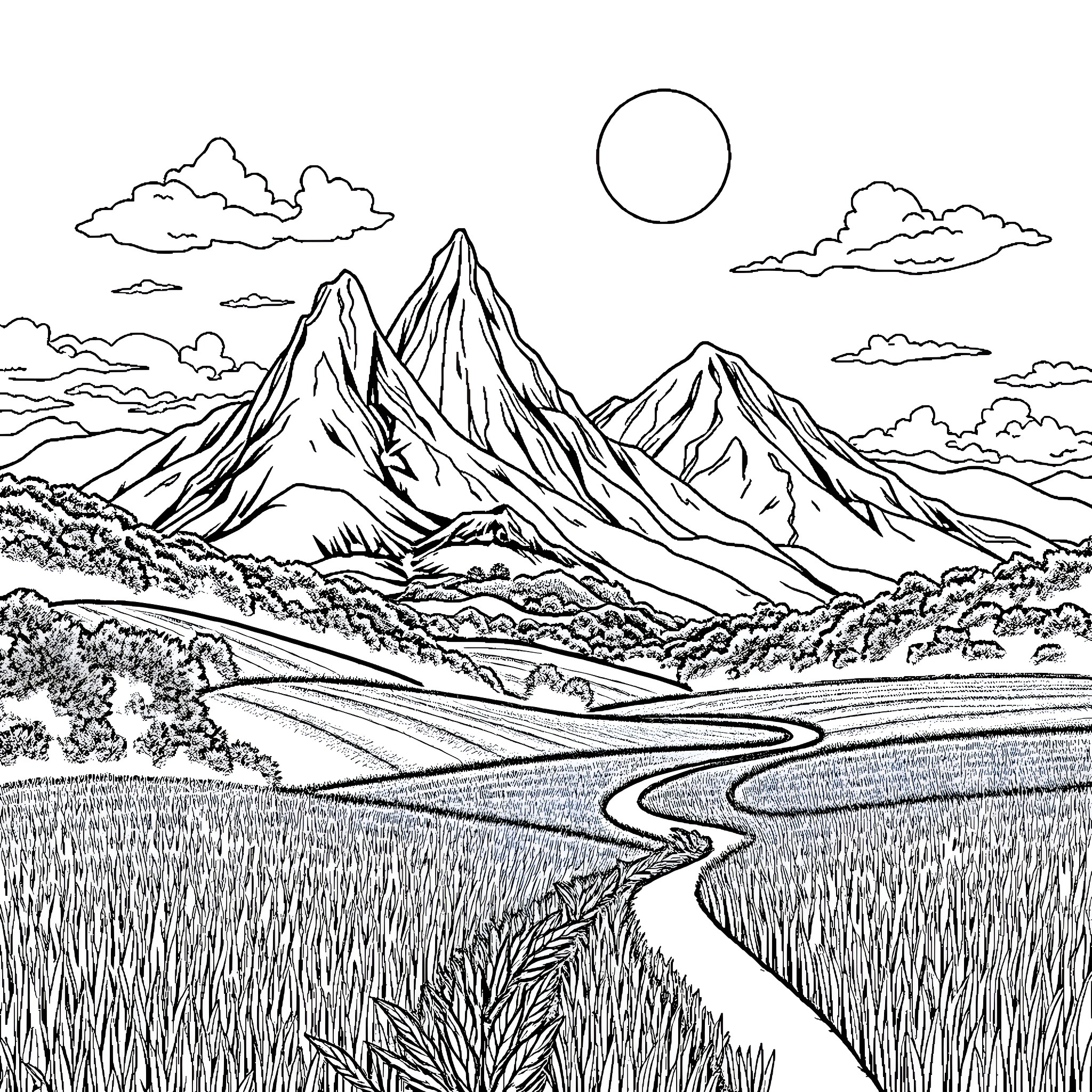 Mountain Landscape with Winding Road Coloring Page (free black-and-white line drawing printable PDF for all, from beginners to advanced learners, including children, teens, adults, and seniors)