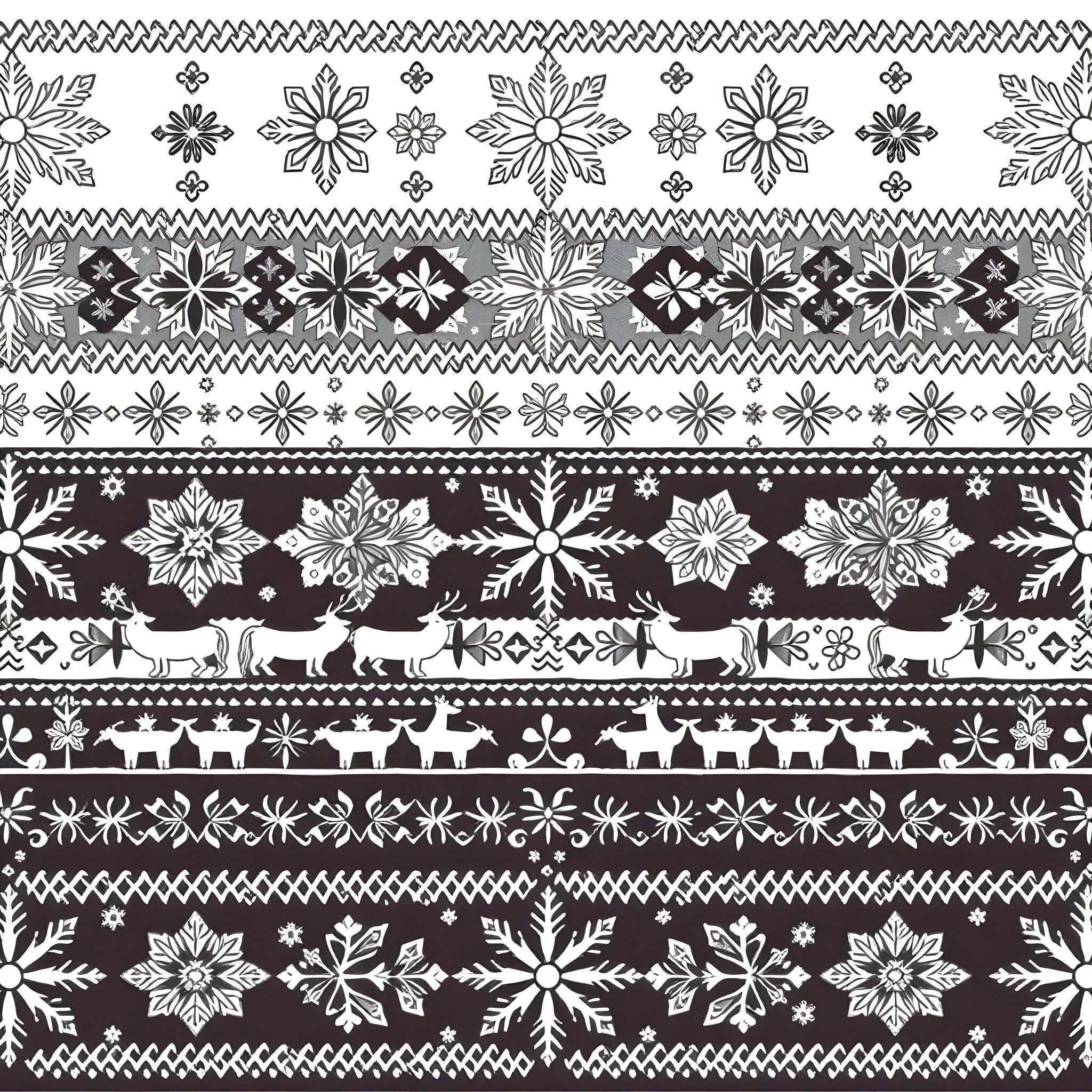 Fair Isle Pattern with Floral and Animal Motifs Coloring Page (free black-and-white line drawing printable PDF for all, from beginners to advanced learners, including children, teens, adults, and seniors)