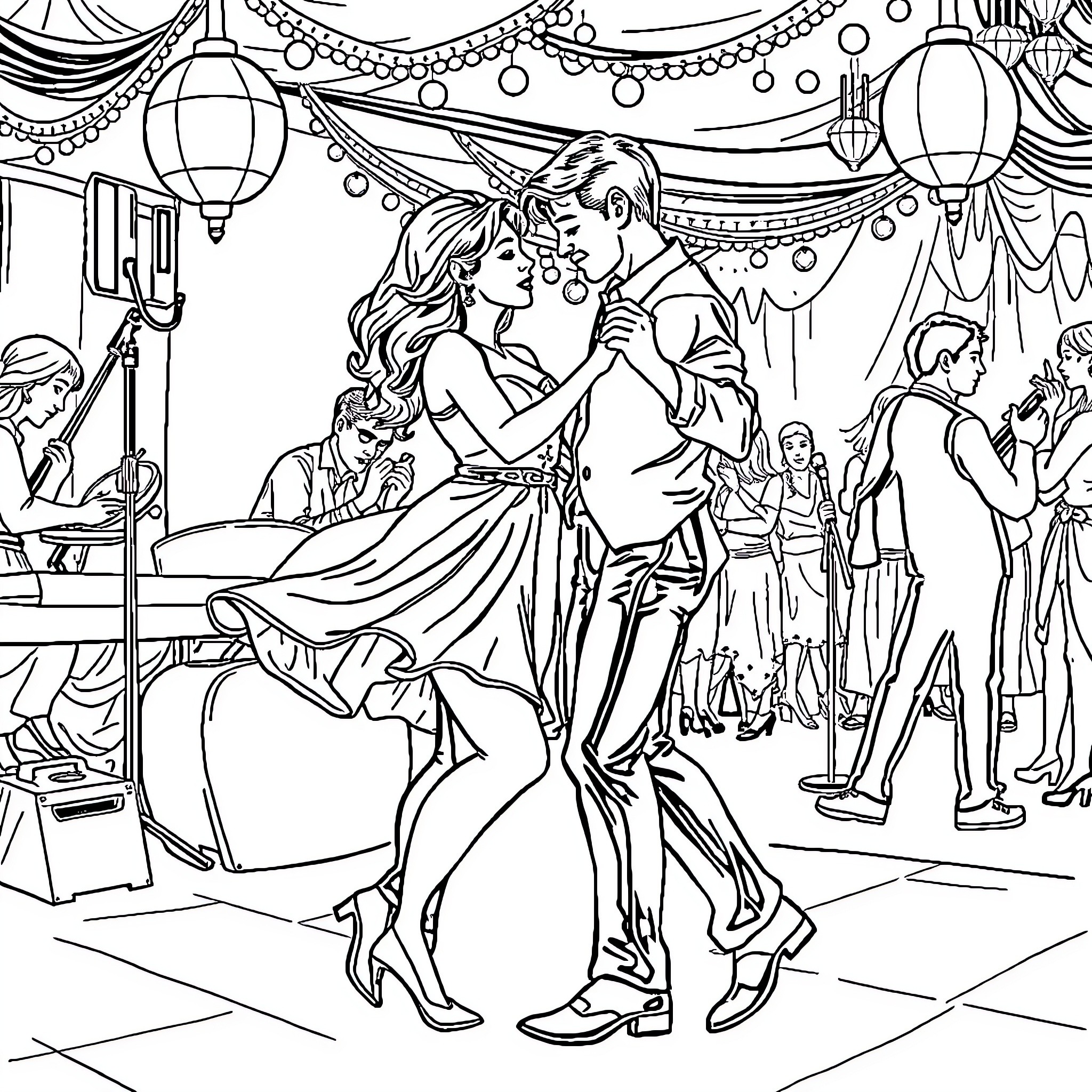 Bachata Passion and Romance on the Dance Floor Coloring Page (free black-and-white line drawing printable PDF for all, from beginners to advanced learners, including children, teens, adults, and seniors)