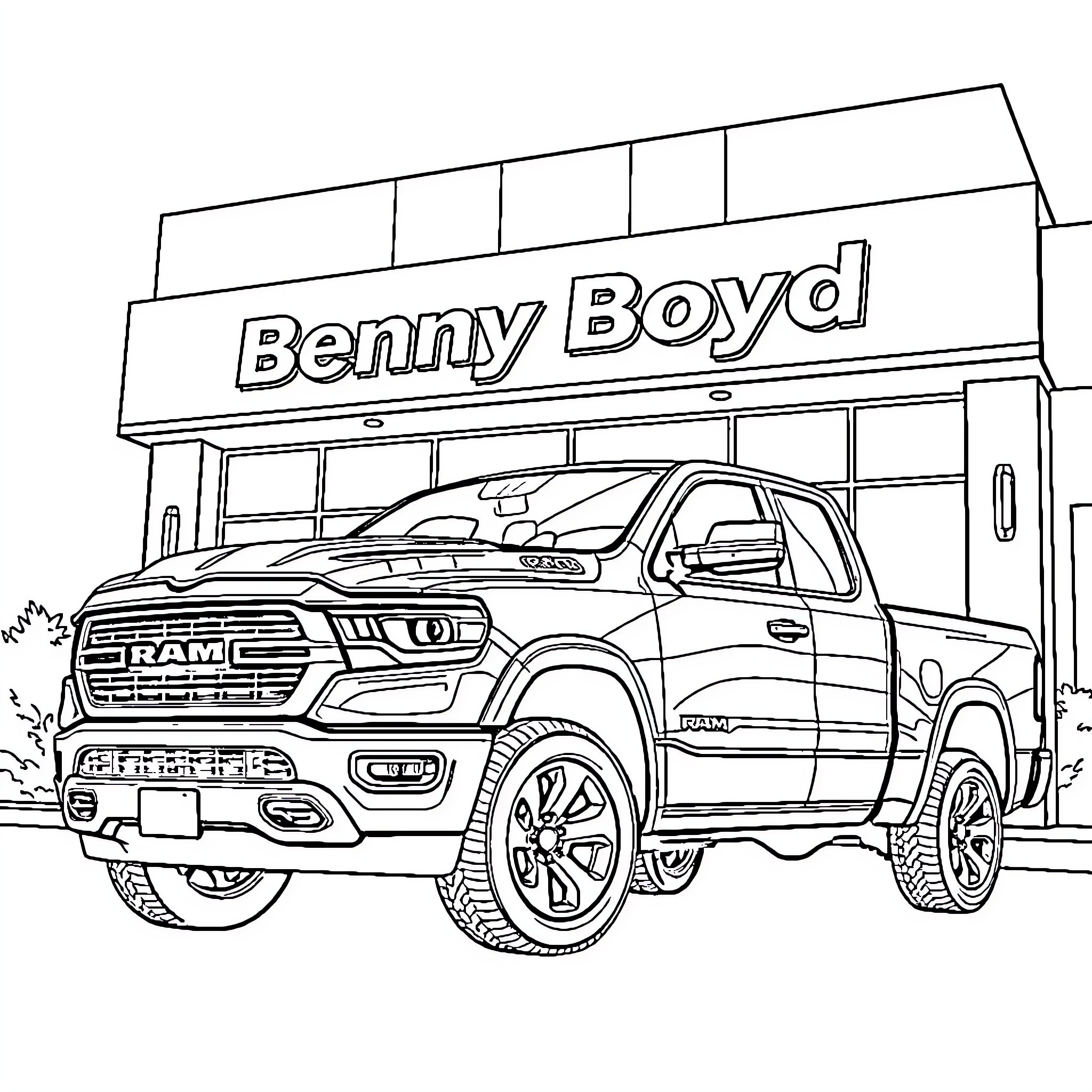 Ram truck parked outside Benny Boyd dealership Coloring Page (free black-and-white line drawing printable PDF for all, from beginners to advanced learners, including children, teens, adults, and seniors)