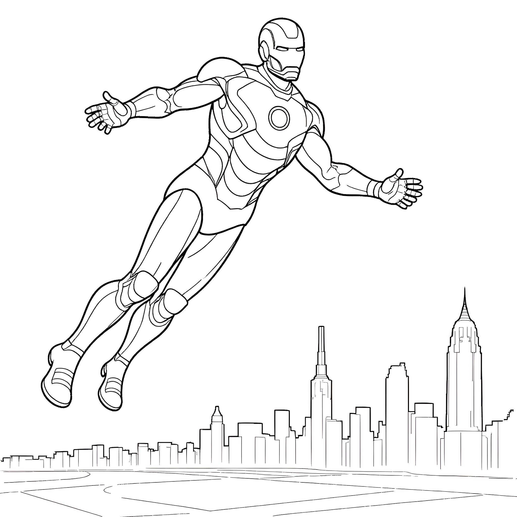 Iron Man soaring over New York City skyline Coloring Page (free black-and-white line drawing printable PDF for all, from beginners to advanced learners, including children, teens, adults, and seniors)