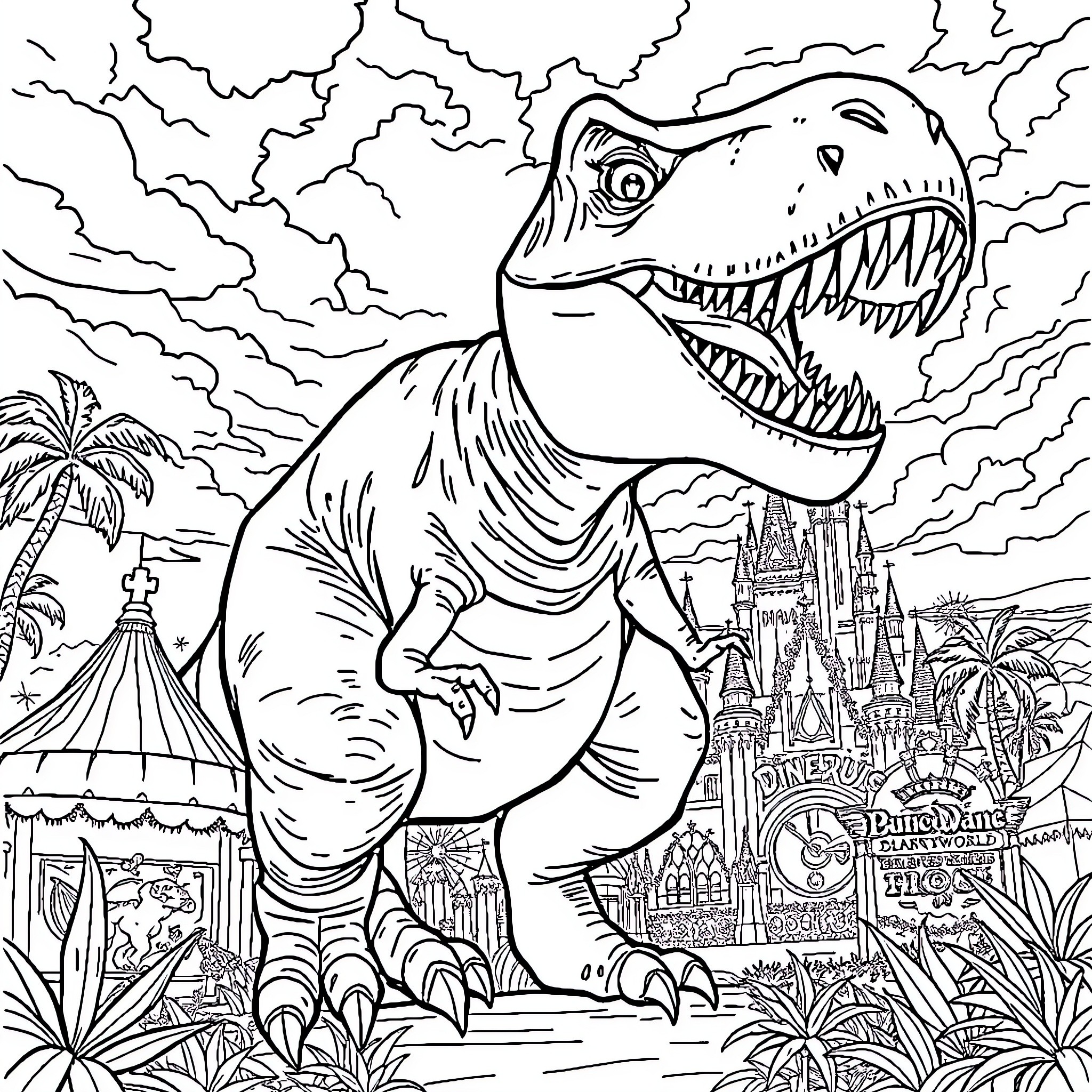 T-Rex roaring amidst a fantasy landscape Coloring Page (free black-and-white line drawing printable PDF for all, from beginners to advanced learners, including children, teens, adults, and seniors)