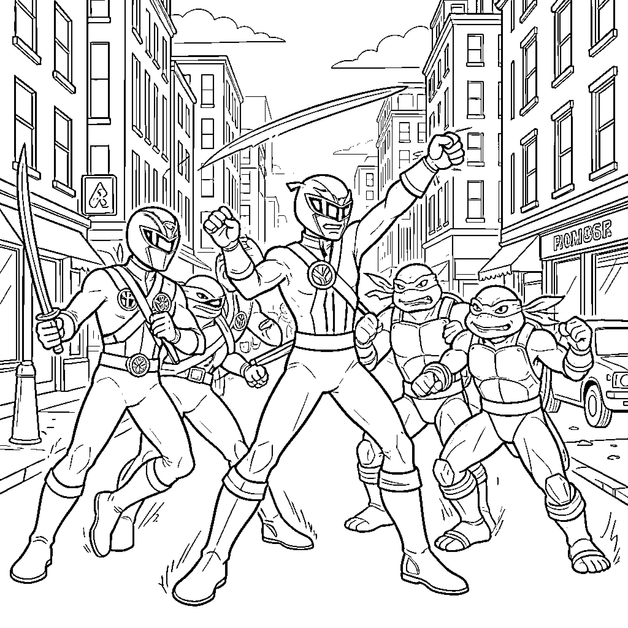 Power Rangers Protecting the City from Villains Coloring Page (free black-and-white line drawing printable PDF for all, from beginners to advanced learners, including children, teens, adults, and seniors)
