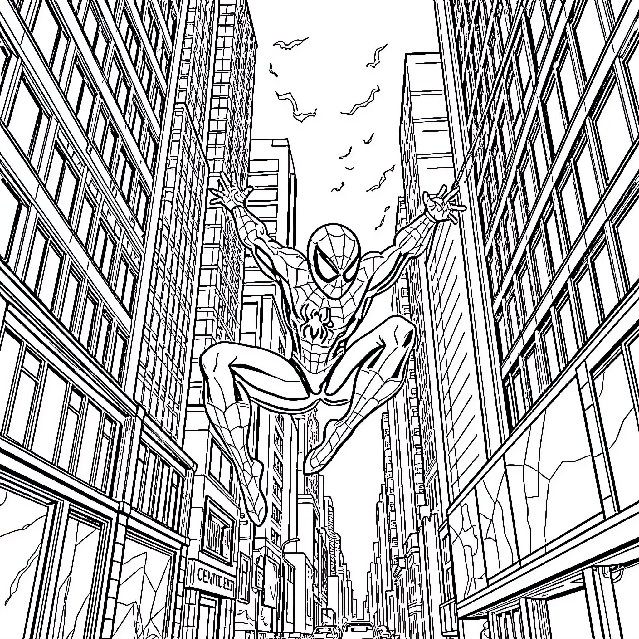 Spider-Man swinging through the city skyscrapers Coloring Page (free black-and-white line drawing printable PDF for all, from beginners to advanced learners, including children, teens, adults, and seniors)