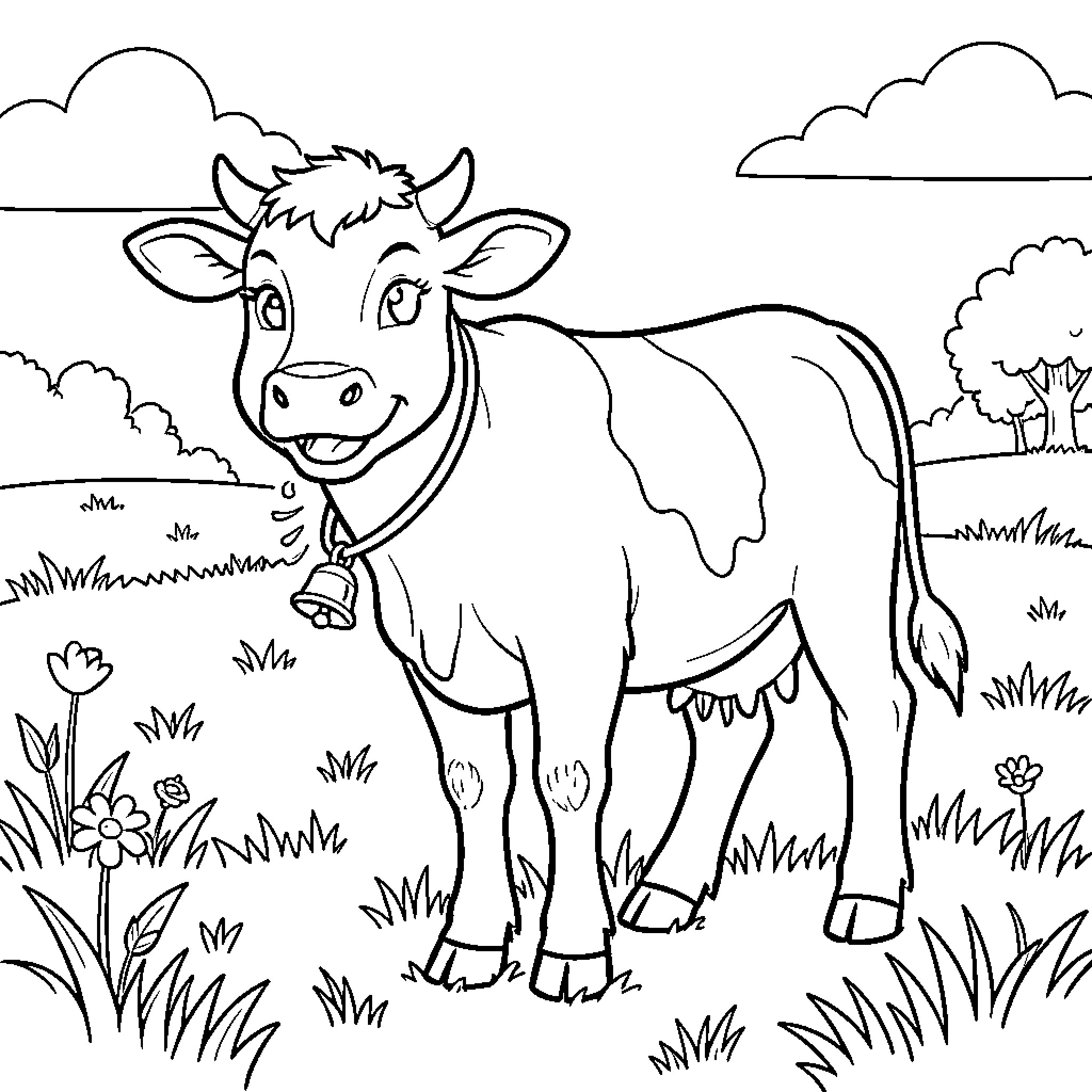 Calf standing happily in a flowery meadow Coloring Page (free black-and-white line drawing printable PDF for all, from beginners to advanced learners, including children, teens, adults, and seniors)