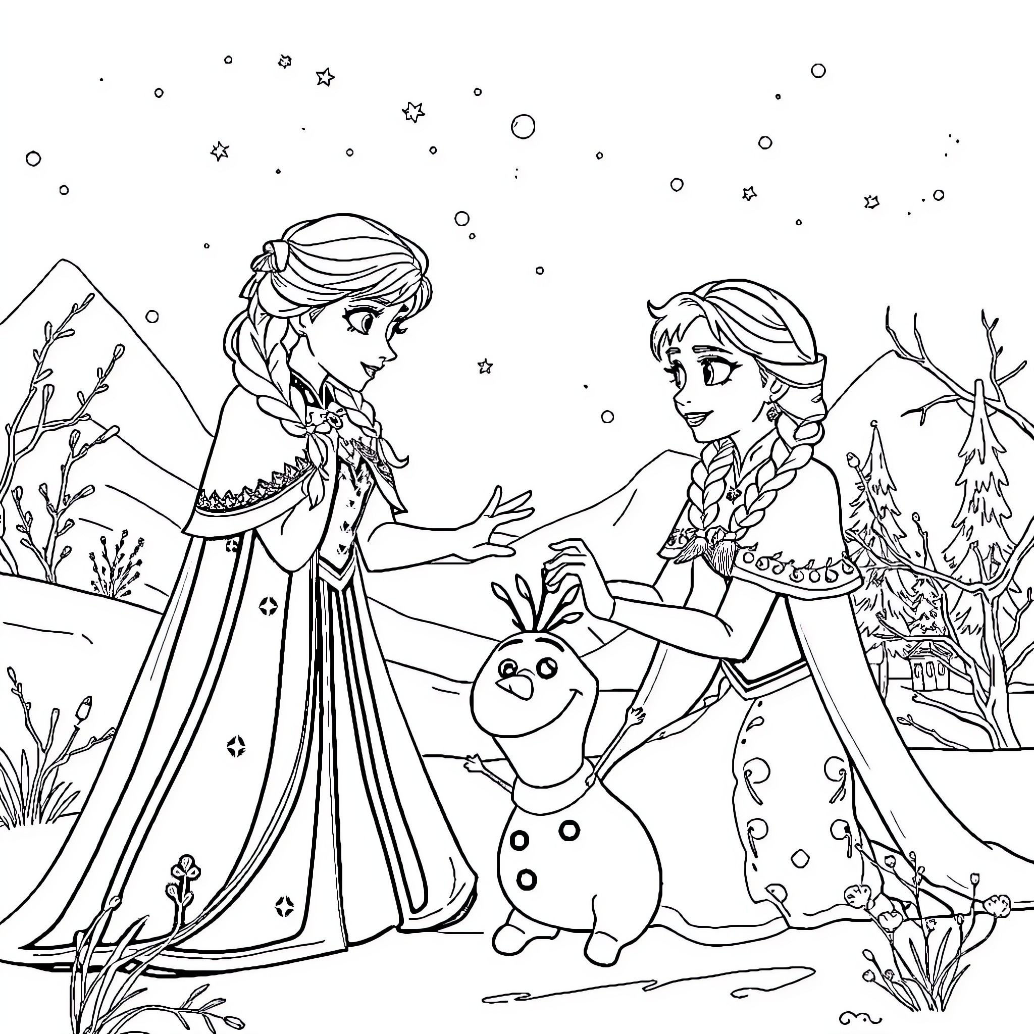 Elsa and Anna's Enchanted Wintry Adventure Coloring Page (free black-and-white line drawing printable PDF for all, from beginners to advanced learners, including children, teens, adults, and seniors)