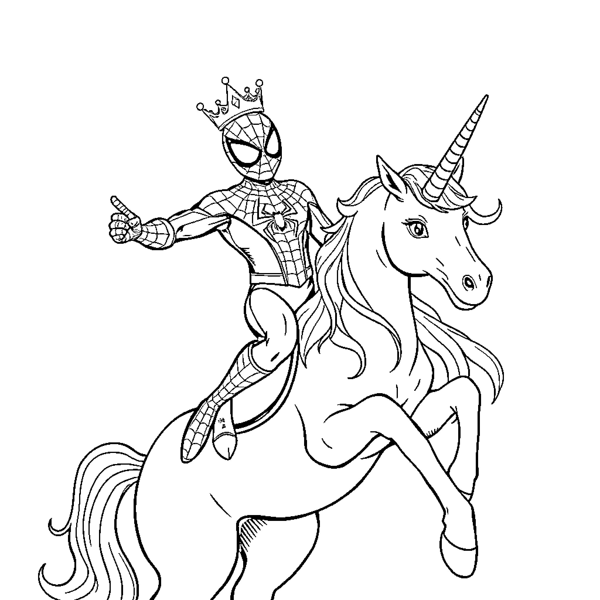 Spider-Man riding a unicorn with a crown Coloring Page (free black-and-white line drawing printable PDF for all, from beginners to advanced learners, including children, teens, adults, and seniors)
