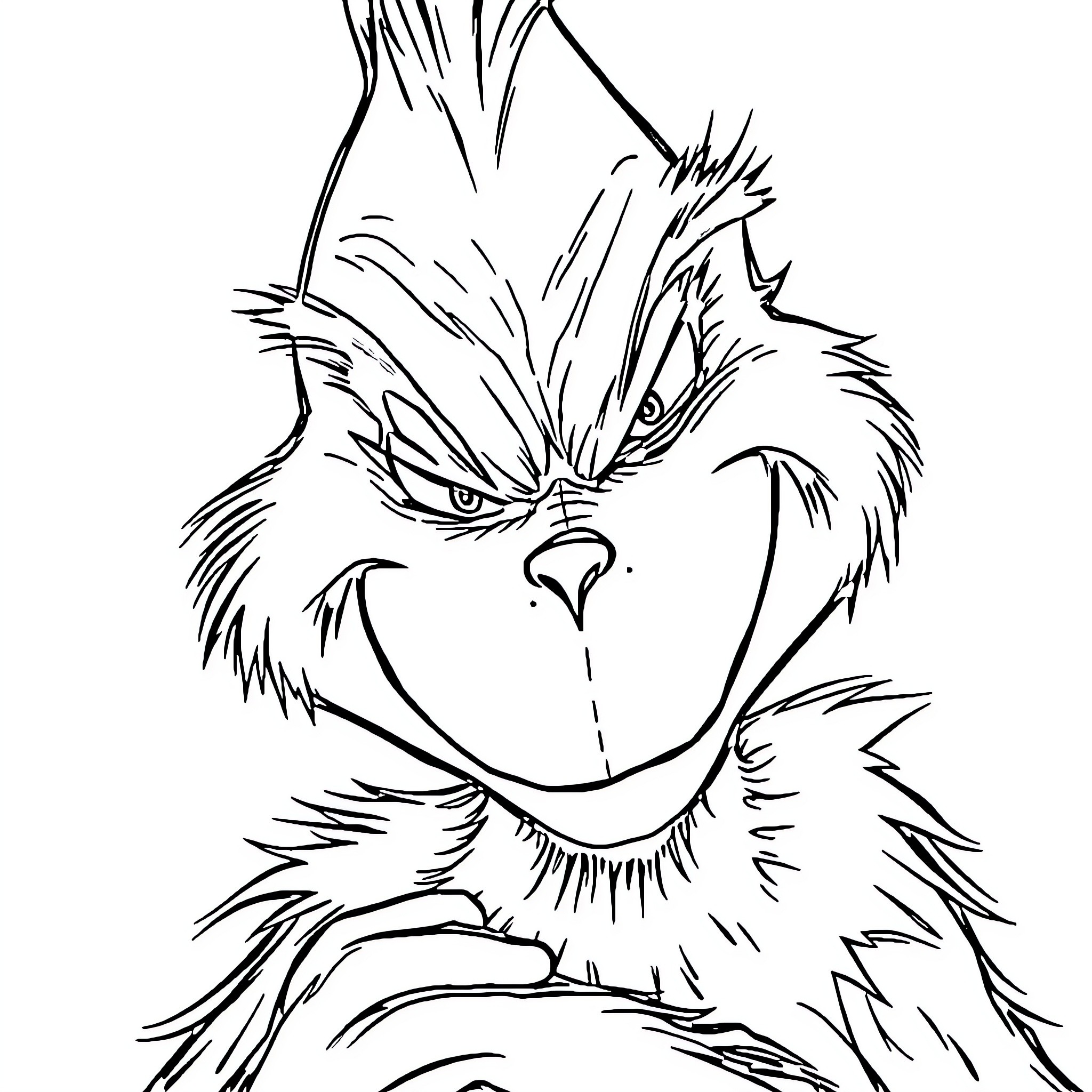 Grinch-like Creature's Mischievous Expression Coloring Page (free black-and-white line drawing printable PDF for all, from beginners to advanced learners, including children, teens, adults, and seniors)