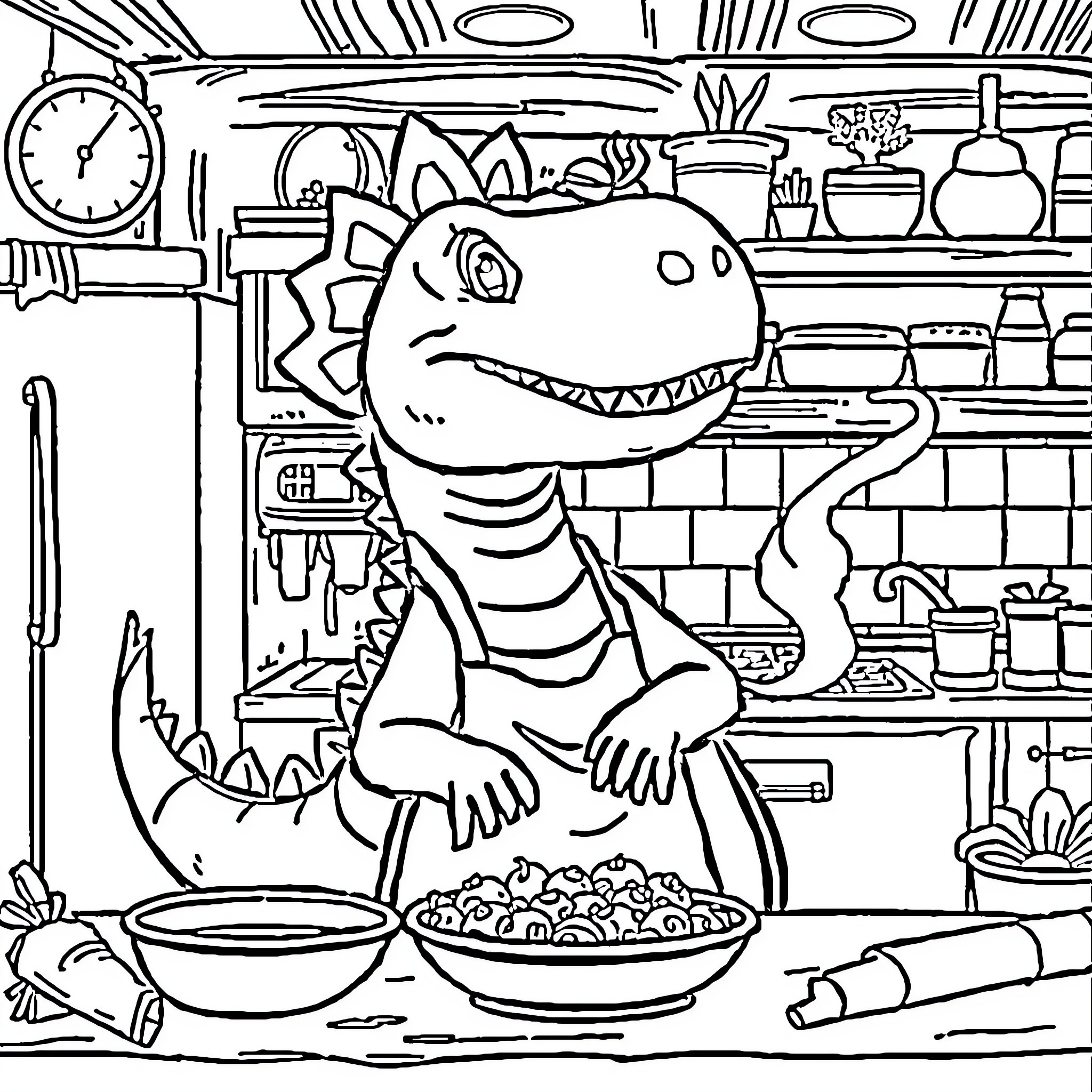 Dinosaur helping with kitchen duties Coloring Page (free black-and-white line drawing printable PDF for all, from beginners to advanced learners, including children, teens, adults, and seniors)