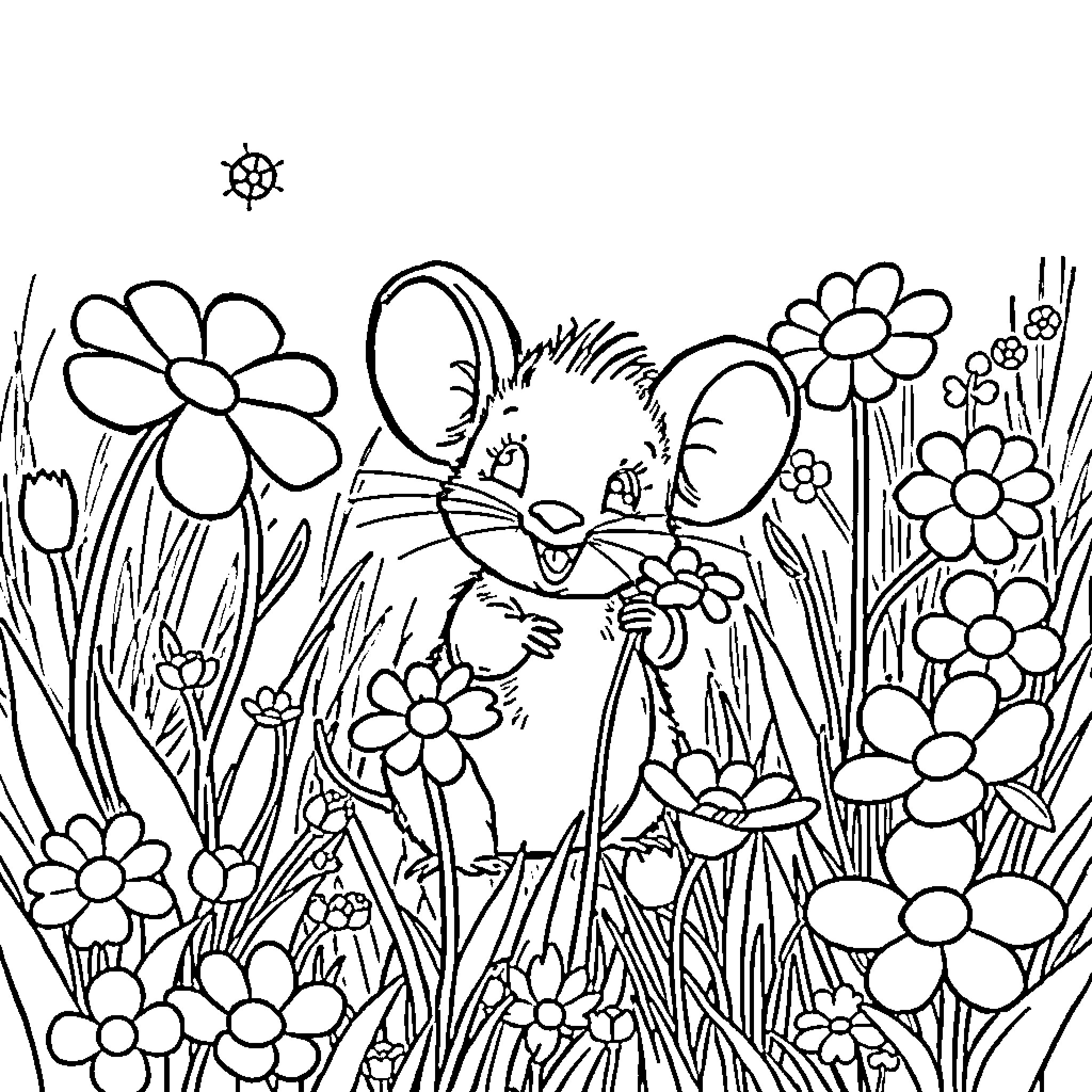 Mouse exploring a flowery garden Coloring Page (free black-and-white line drawing printable PDF for all, from beginners to advanced learners, including children, teens, adults, and seniors)