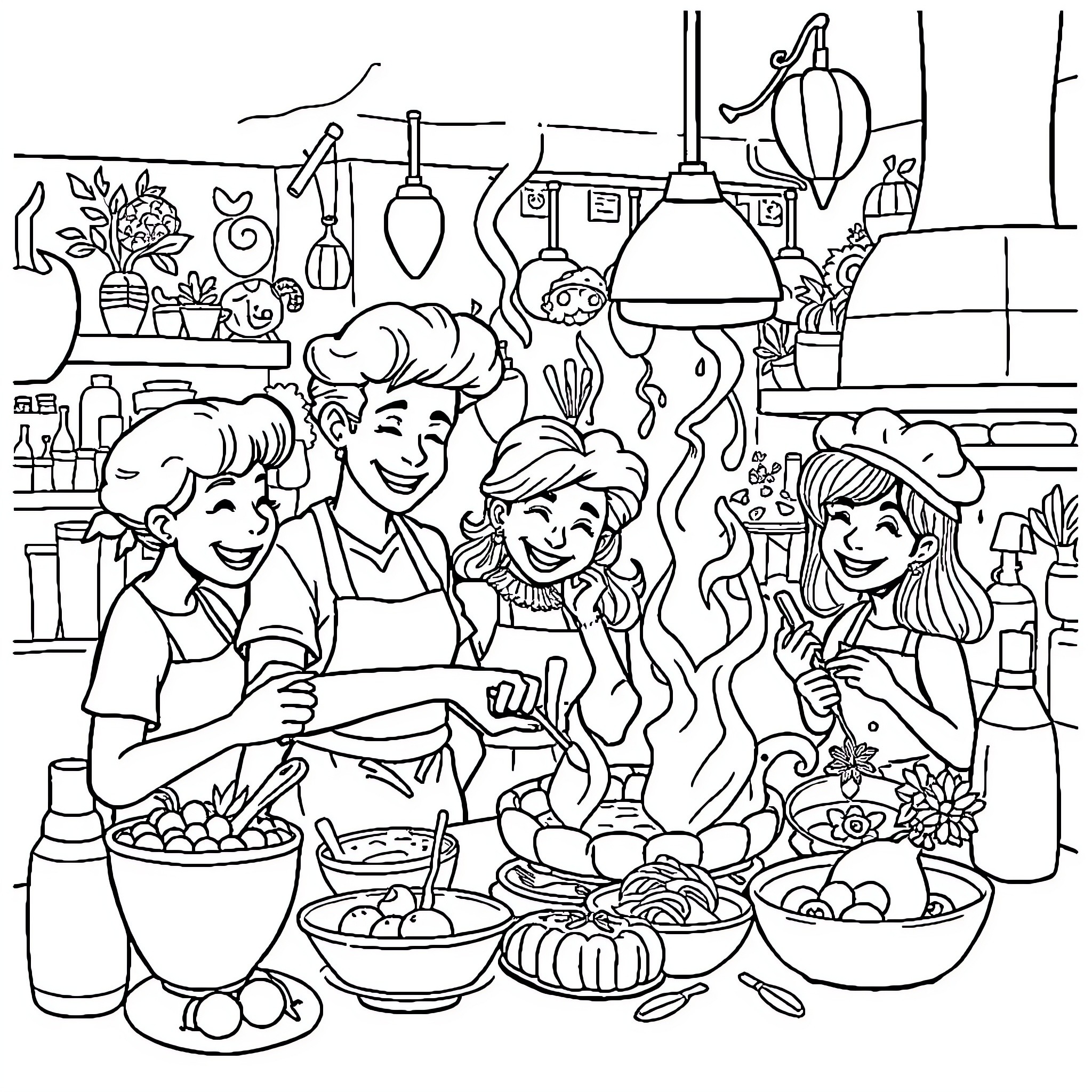 Dandy Family Cooking Together in the Kitchen Coloring Page (free black-and-white line drawing printable PDF for all, from beginners to advanced learners, including children, teens, adults, and seniors)