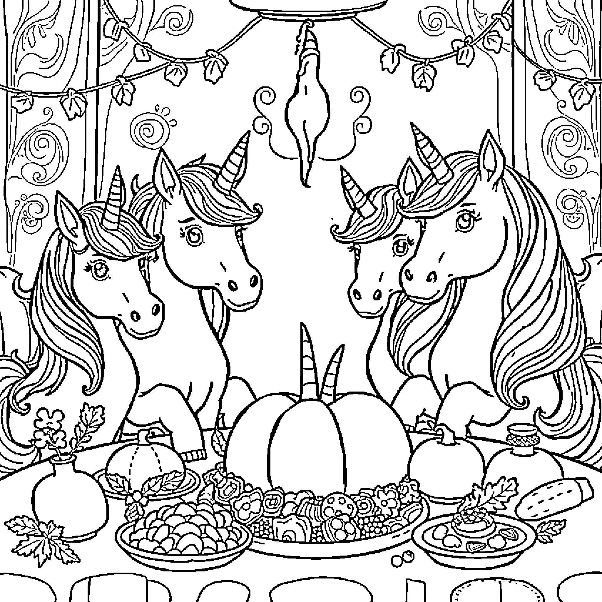 Unicorns Celebrating at a Magical Feast Coloring Page (free black-and-white line drawing printable PDF for all, from beginners to advanced learners, including children, teens, adults, and seniors)