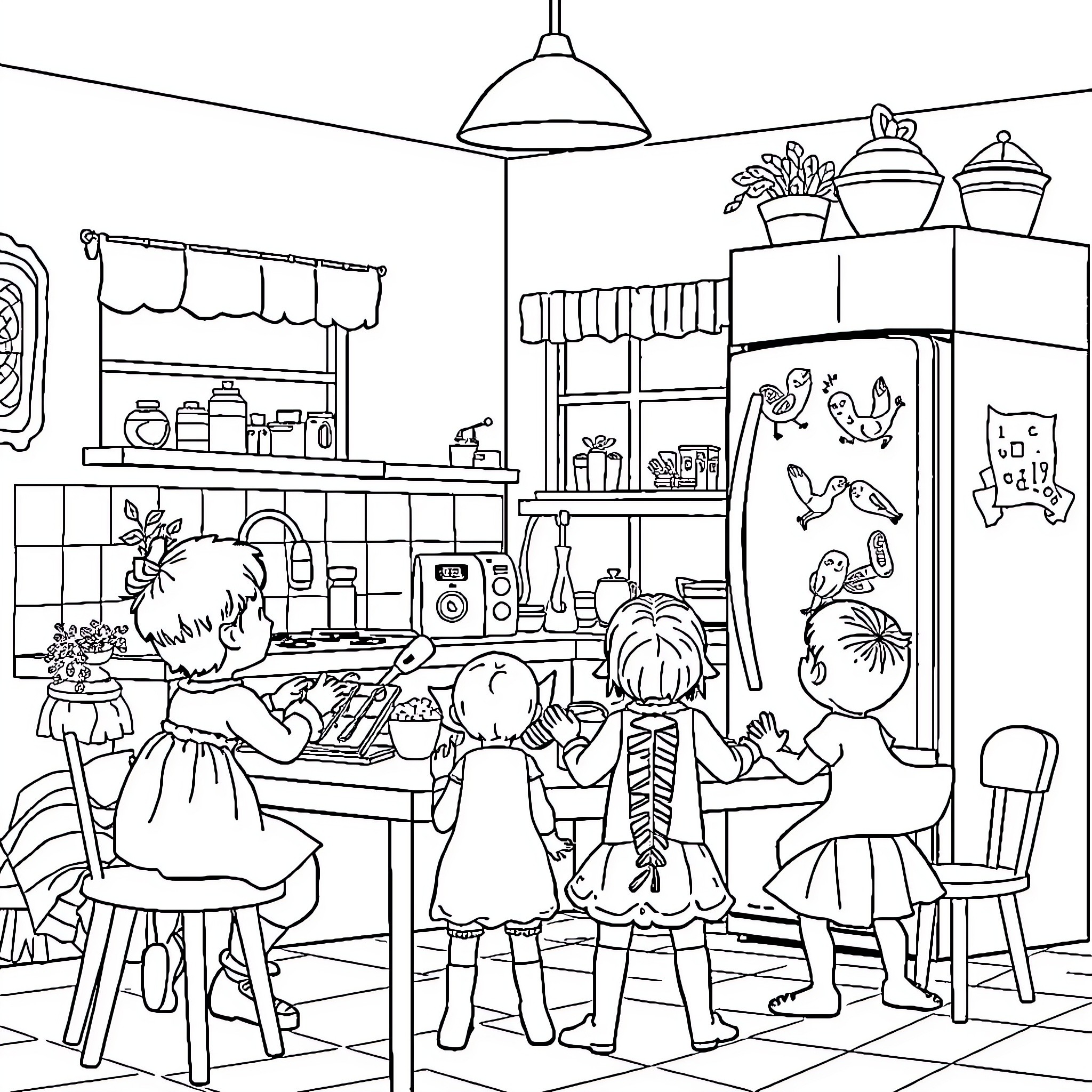 Maman and Children Exploring the Kitchen Together Coloring Page (free black-and-white line drawing printable PDF for all, from beginners to advanced learners, including children, teens, adults, and seniors)