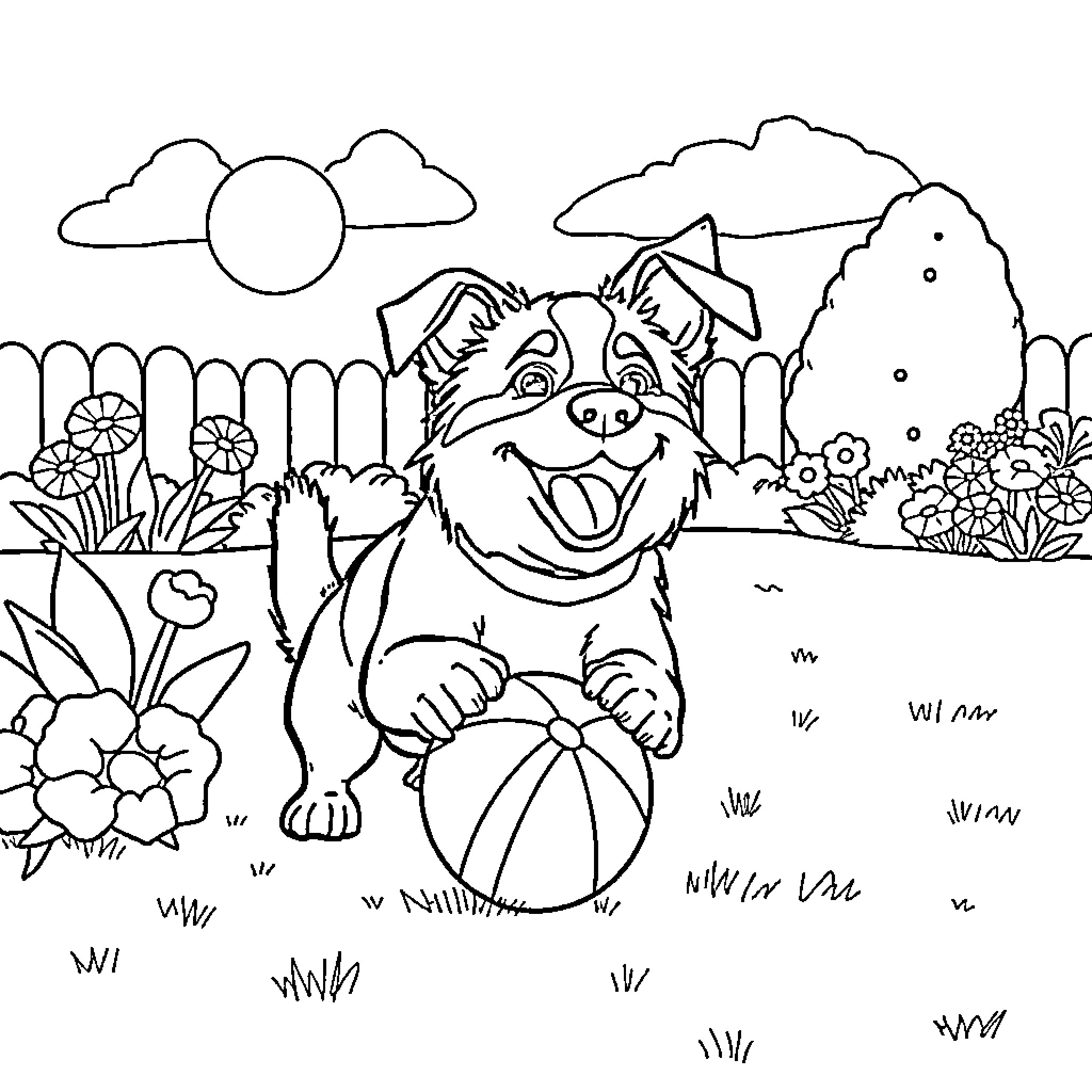 Dog playing happily in a garden Coloring Page (free black-and-white line drawing printable PDF for all, from beginners to advanced learners, including children, teens, adults, and seniors)
