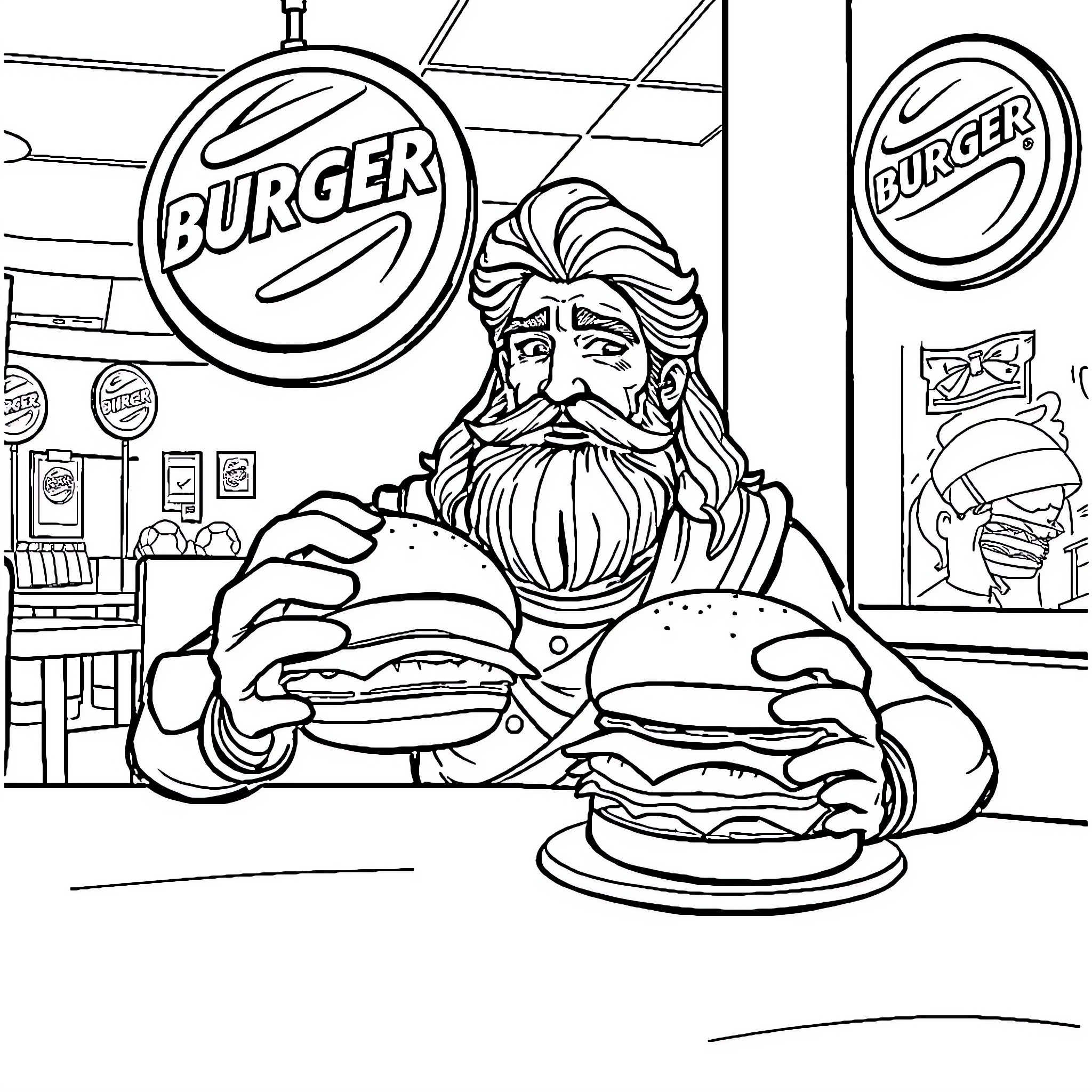 Zeus Savors a Delicious Burger in the Burger Establishment Coloring Page (free black-and-white line drawing printable PDF for all, from beginners to advanced learners, including children, teens, adults, and seniors)