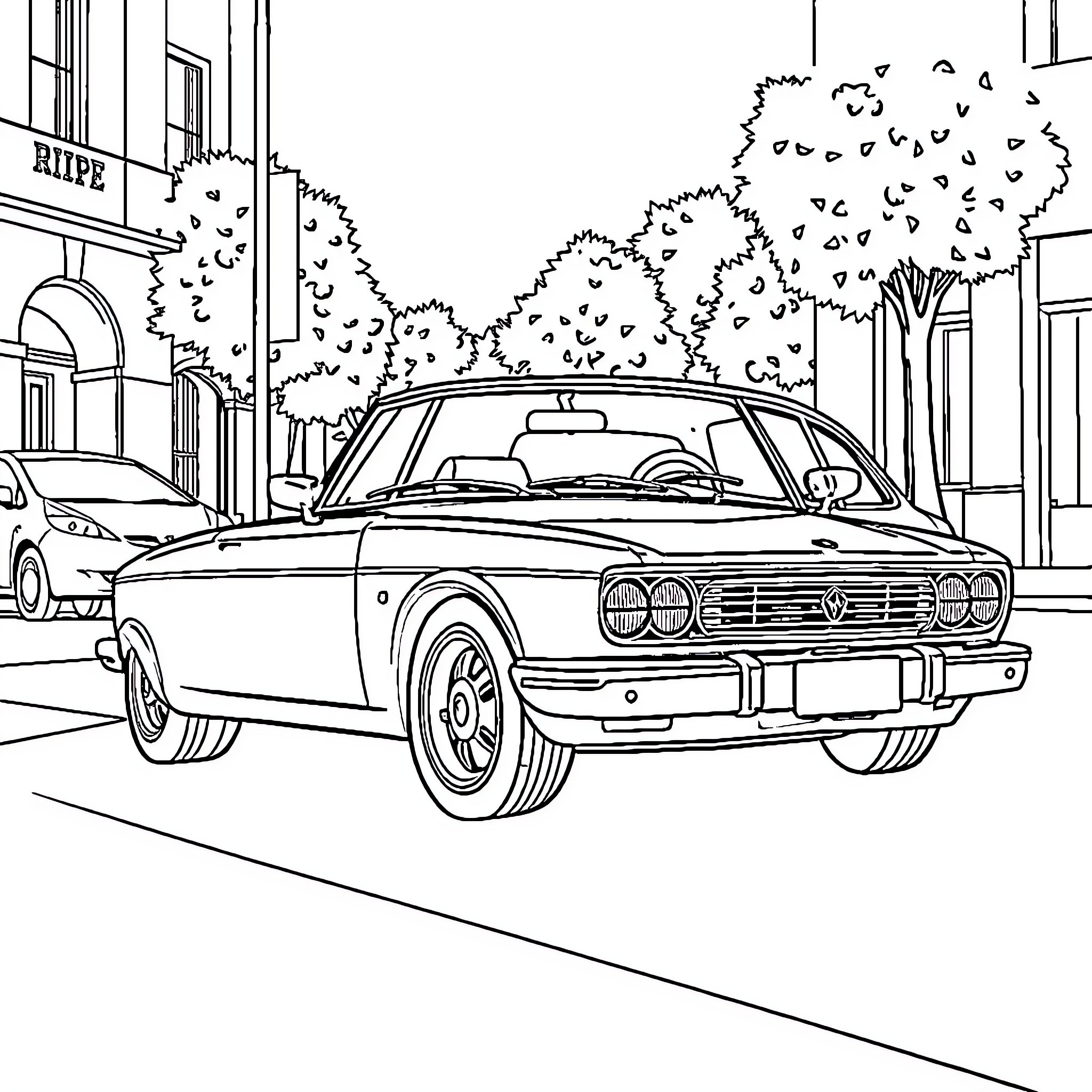 Car parked on the street with trees and buildings Coloring Page (free black-and-white line drawing printable PDF for all, from beginners to advanced learners, including children, teens, adults, and seniors)