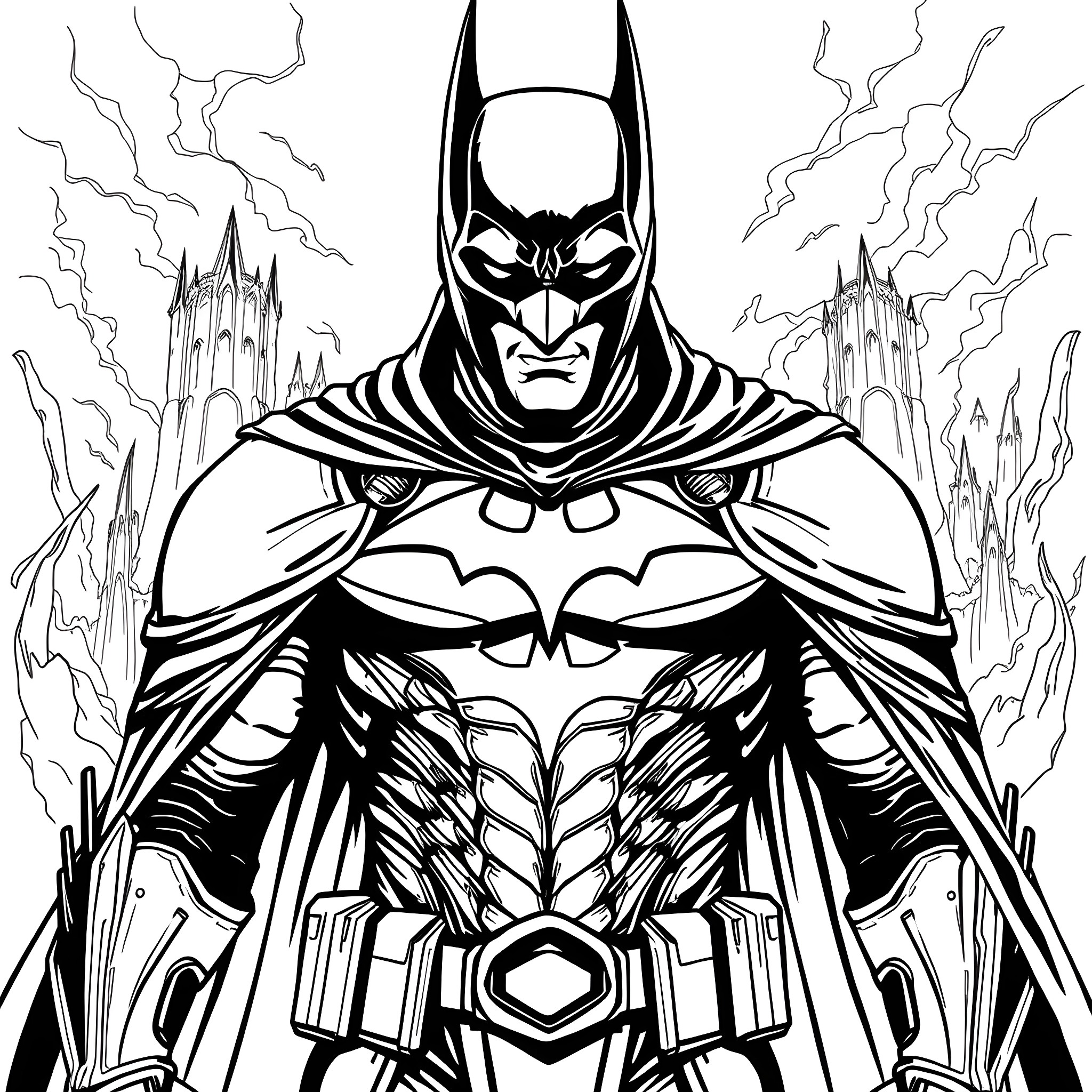 Batman in action with thunderstorm in background Coloring Page (free black-and-white line drawing printable PDF for all, from beginners to advanced learners, including children, teens, adults, and seniors)