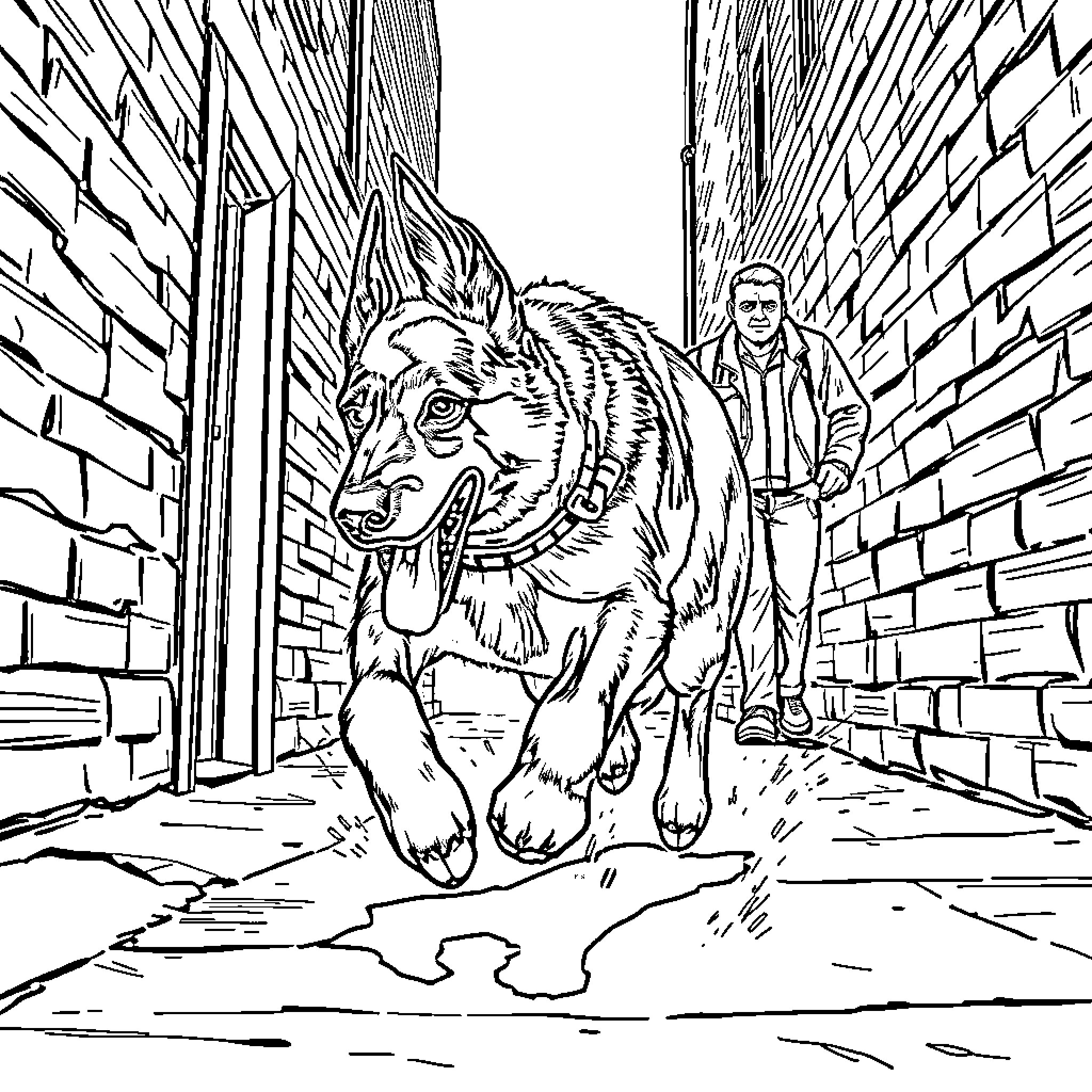 German Shepherd guarding alleyway near man Coloring Page (free black-and-white line drawing printable PDF for all, from beginners to advanced learners, including children, teens, adults, and seniors)