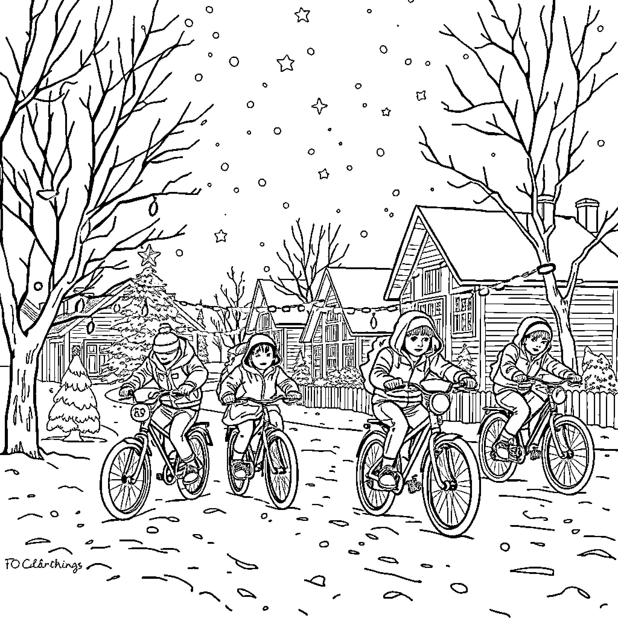 Christmas Joy Ride Through Snowy Town Coloring Page (free black-and-white line drawing printable PDF for all, from beginners to advanced learners, including children, teens, adults, and seniors)