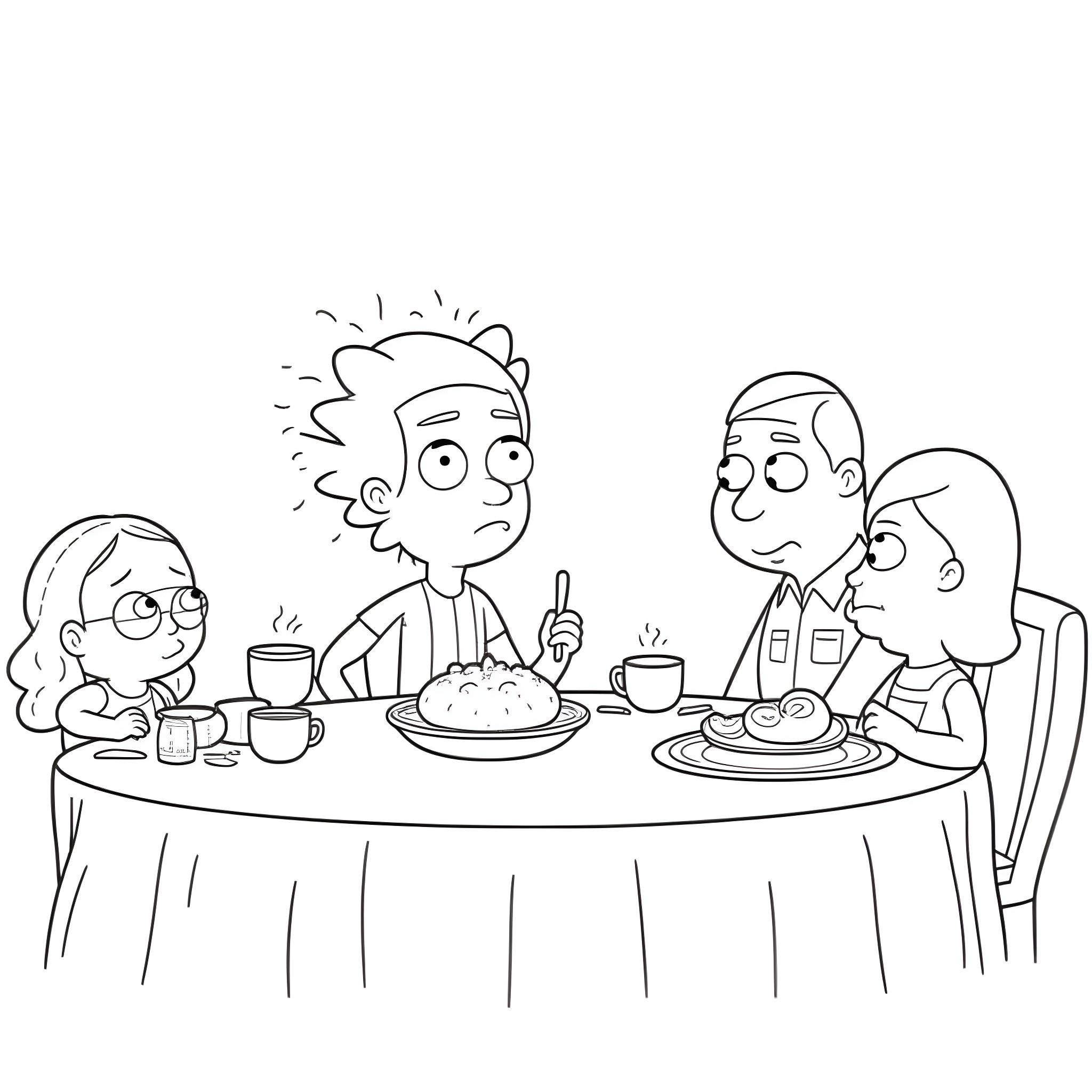 Morty Smith and family having a meal together Coloring Page (free black-and-white line drawing printable PDF for all, from beginners to advanced learners, including children, teens, adults, and seniors)