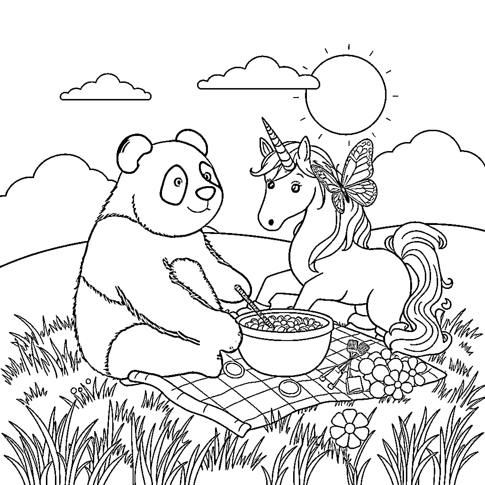 Panda sharing a picnic with a unicorn in nature Coloring Page (free black-and-white line drawing printable PDF for all, from beginners to advanced learners, including children, teens, adults, and seniors)