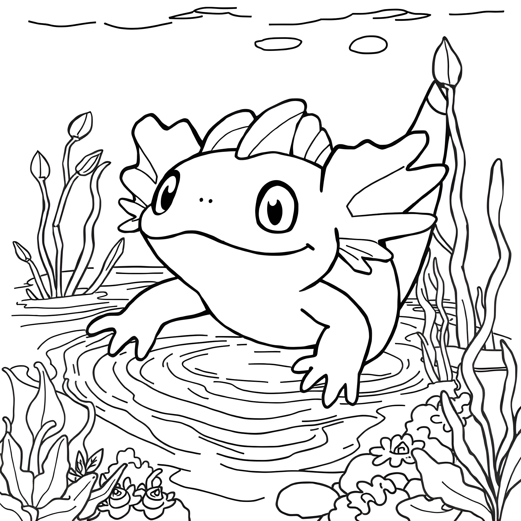 Axolotl swimming happily in underwater scenery Coloring Page (free black-and-white line drawing printable PDF for all, from beginners to advanced learners, including children, teens, adults, and seniors)