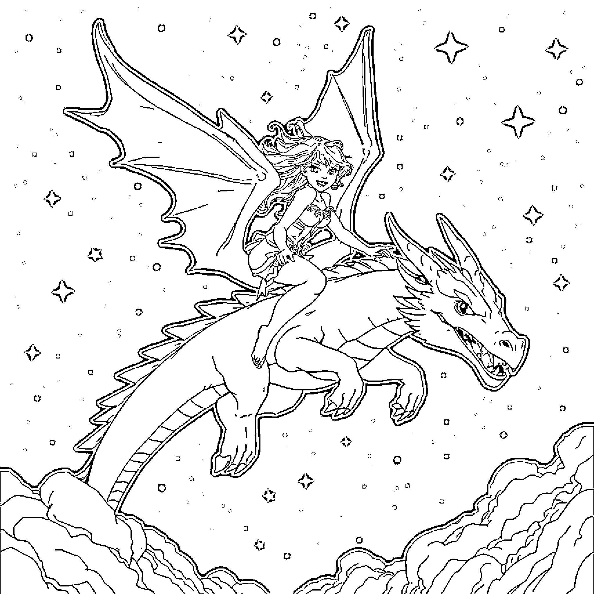 Taylor Swift riding a magical dragon in the stars Coloring Page (free black-and-white line drawing printable PDF for all, from beginners to advanced learners, including children, teens, adults, and seniors)