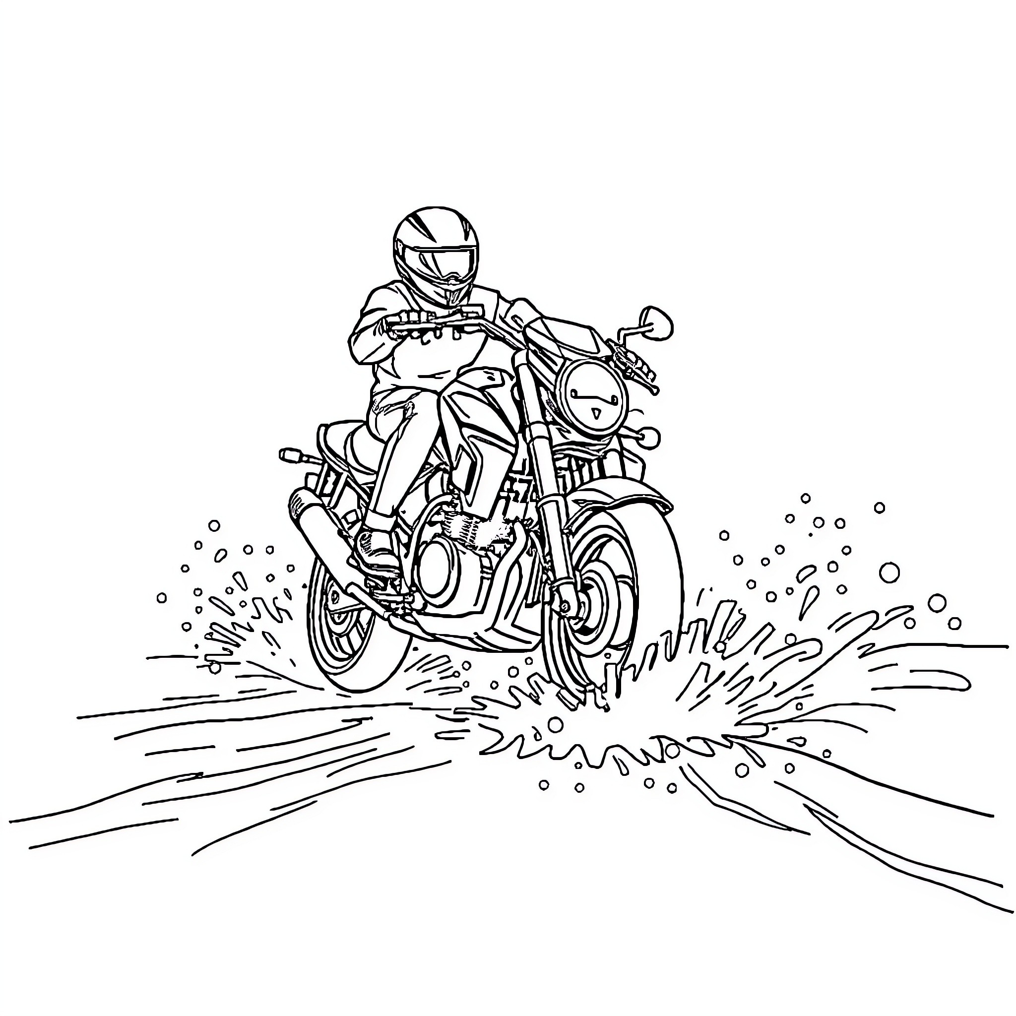 Moto rider speeding through muddy terrain Coloring Page (free black-and-white line drawing printable PDF for all, from beginners to advanced learners, including children, teens, adults, and seniors)