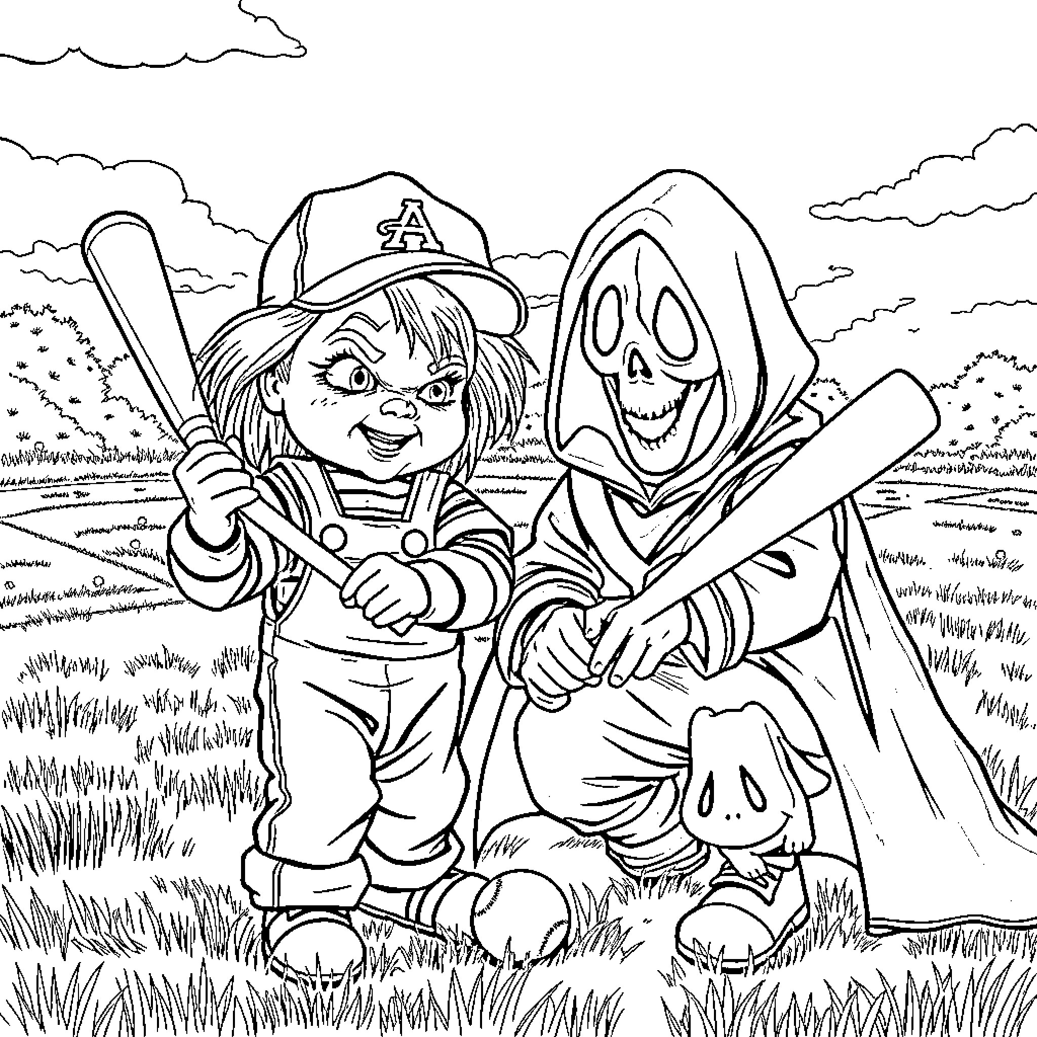Chucky and the Grim Reaper Playing Baseball in the Park Coloring Page (free black-and-white line drawing printable PDF for all, from beginners to advanced learners, including children, teens, adults, and seniors)