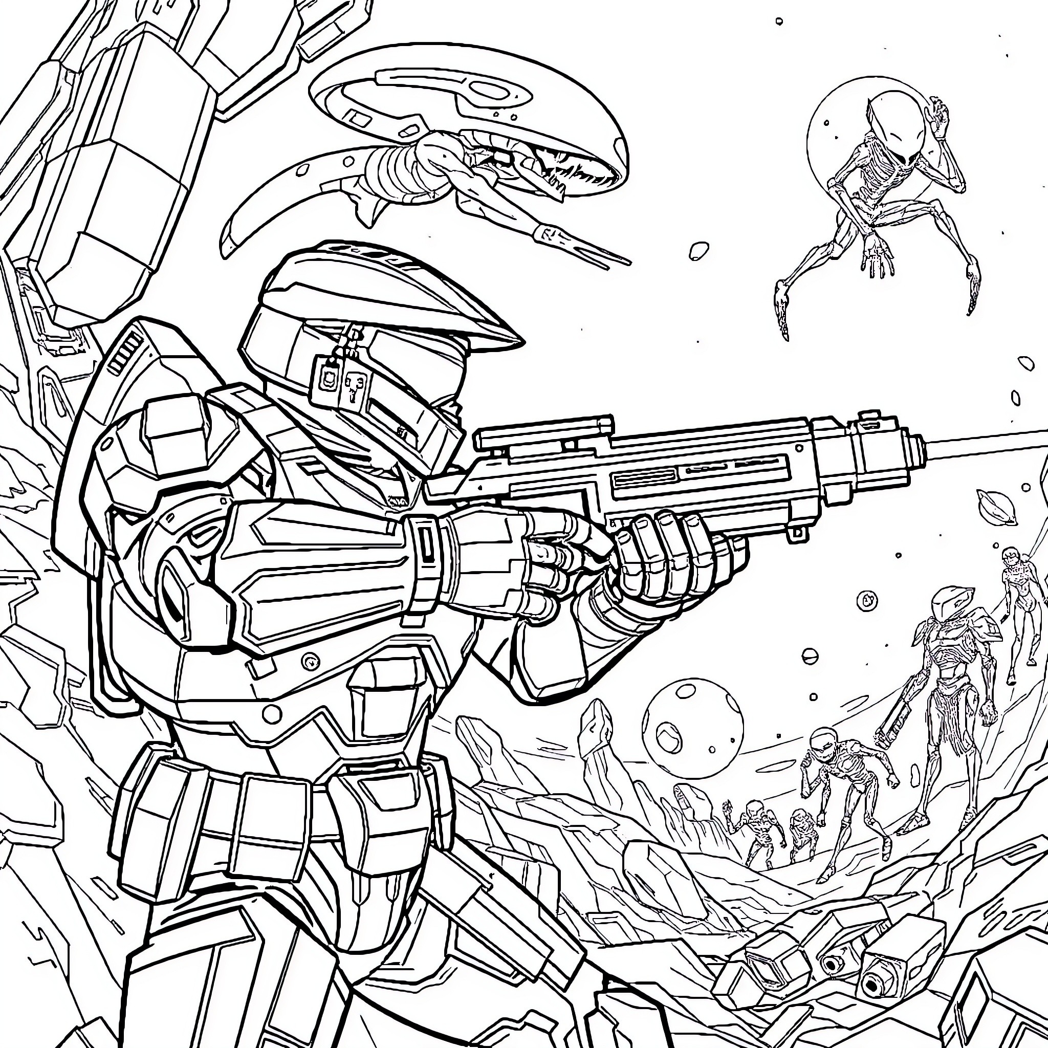 Master Chief in epic sci-fi combat scene Coloring Page (free black-and-white line drawing printable PDF for all, from beginners to advanced learners, including children, teens, adults, and seniors)