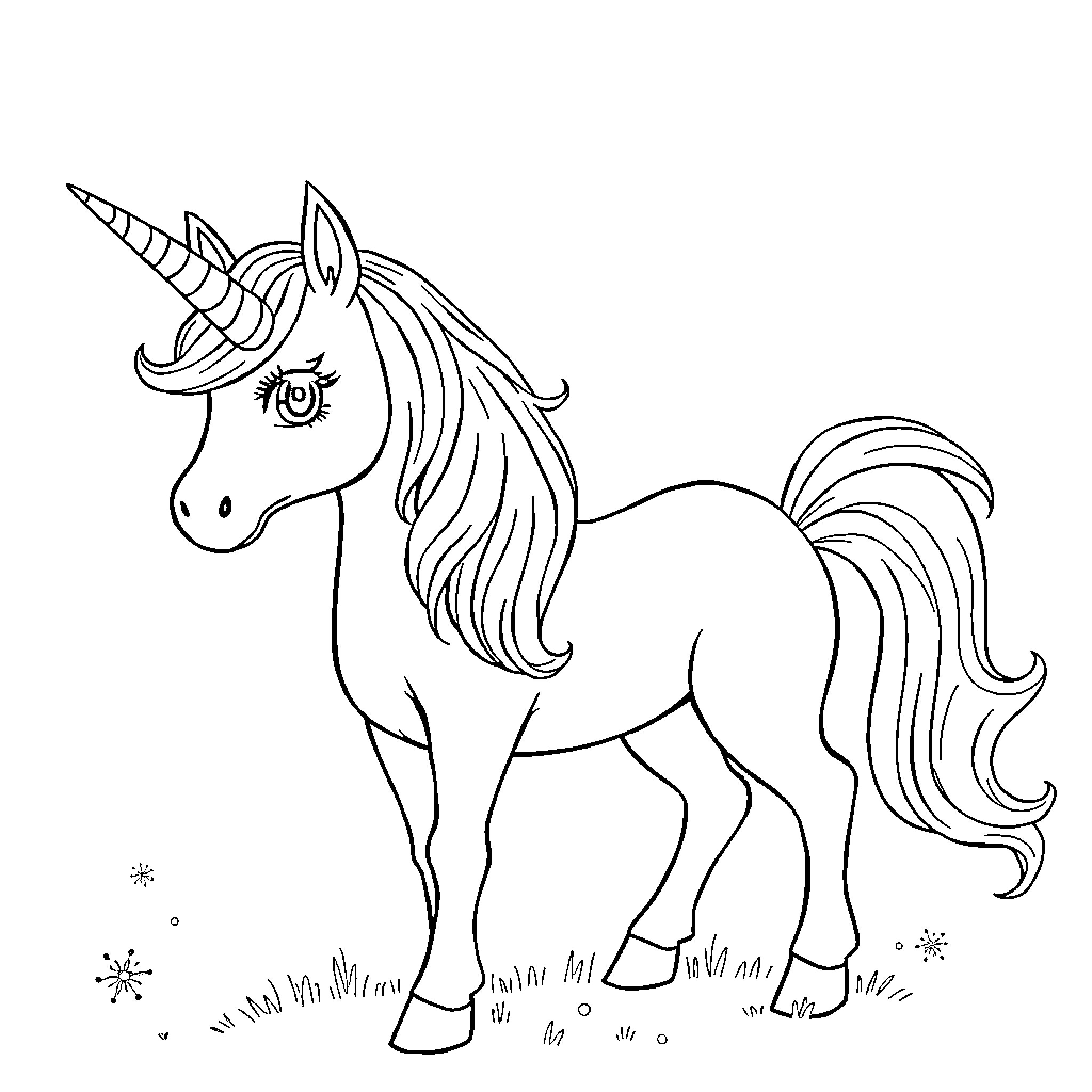 Unicorn standing in a whimsical field Coloring Page (free black-and-white line drawing printable PDF for all, from beginners to advanced learners, including children, teens, adults, and seniors)