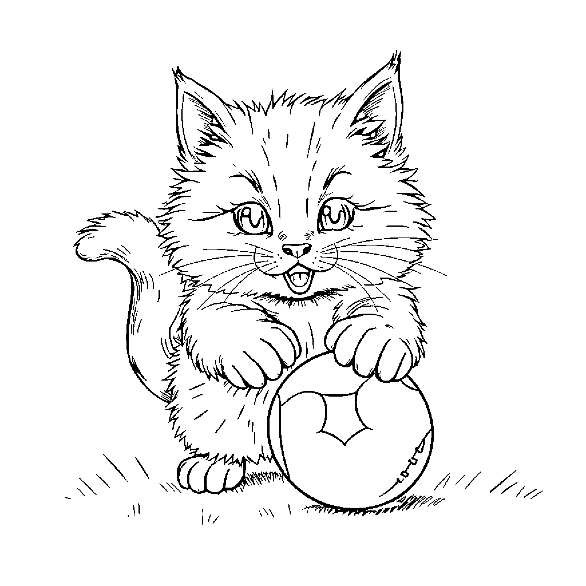 Cat playing with a ball Coloring Page (free black-and-white line drawing printable PDF for all, from beginners to advanced learners, including children, teens, adults, and seniors)