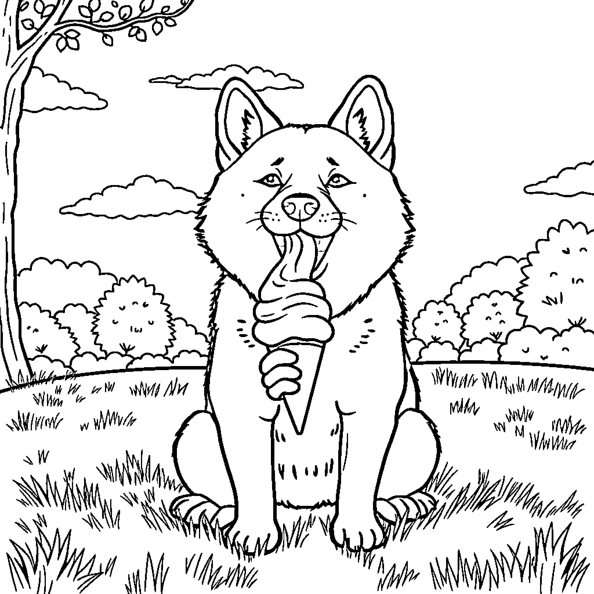 Shiba enjoying a treat outdoors Coloring Page (free black-and-white line drawing printable PDF for all, from beginners to advanced learners, including children, teens, adults, and seniors)