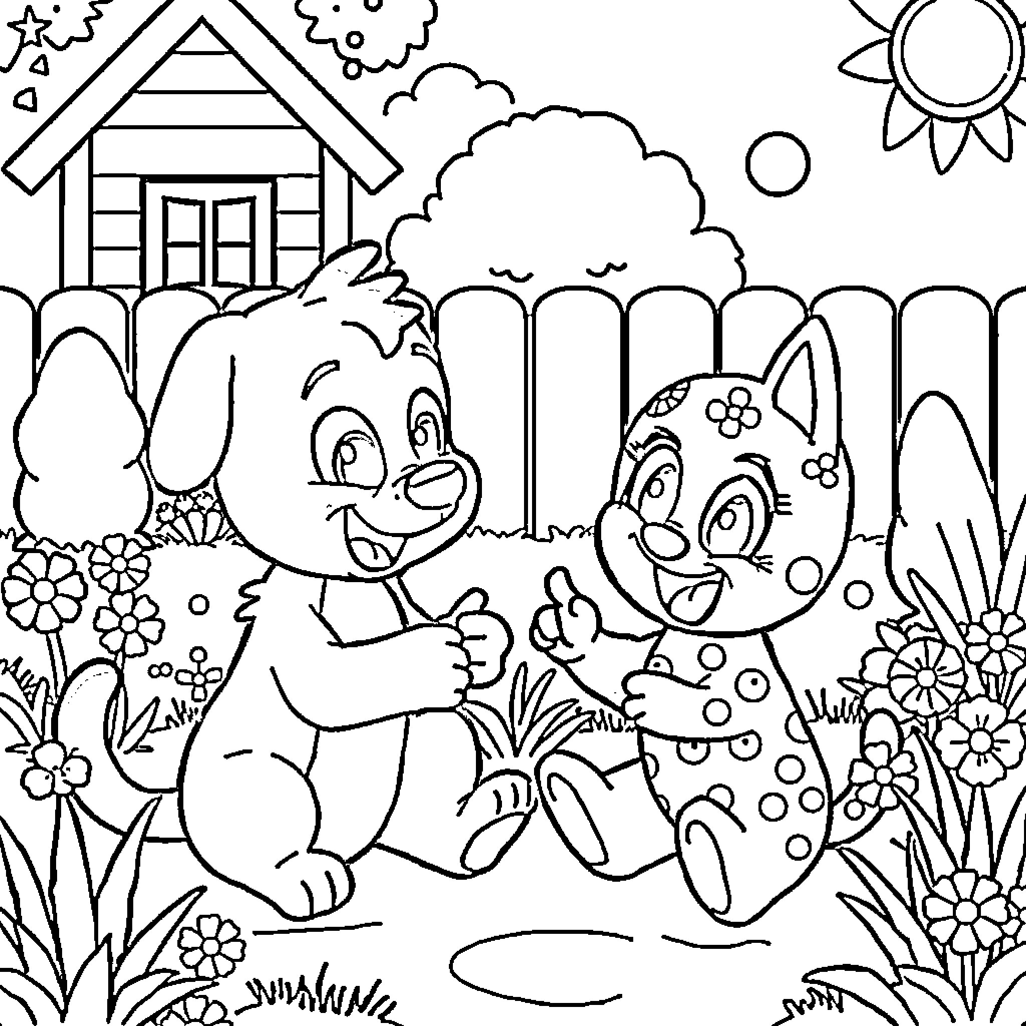 Bluey and Friends Explore the Backyard Coloring Page (free black-and-white line drawing printable PDF for all, from beginners to advanced learners, including children, teens, adults, and seniors)