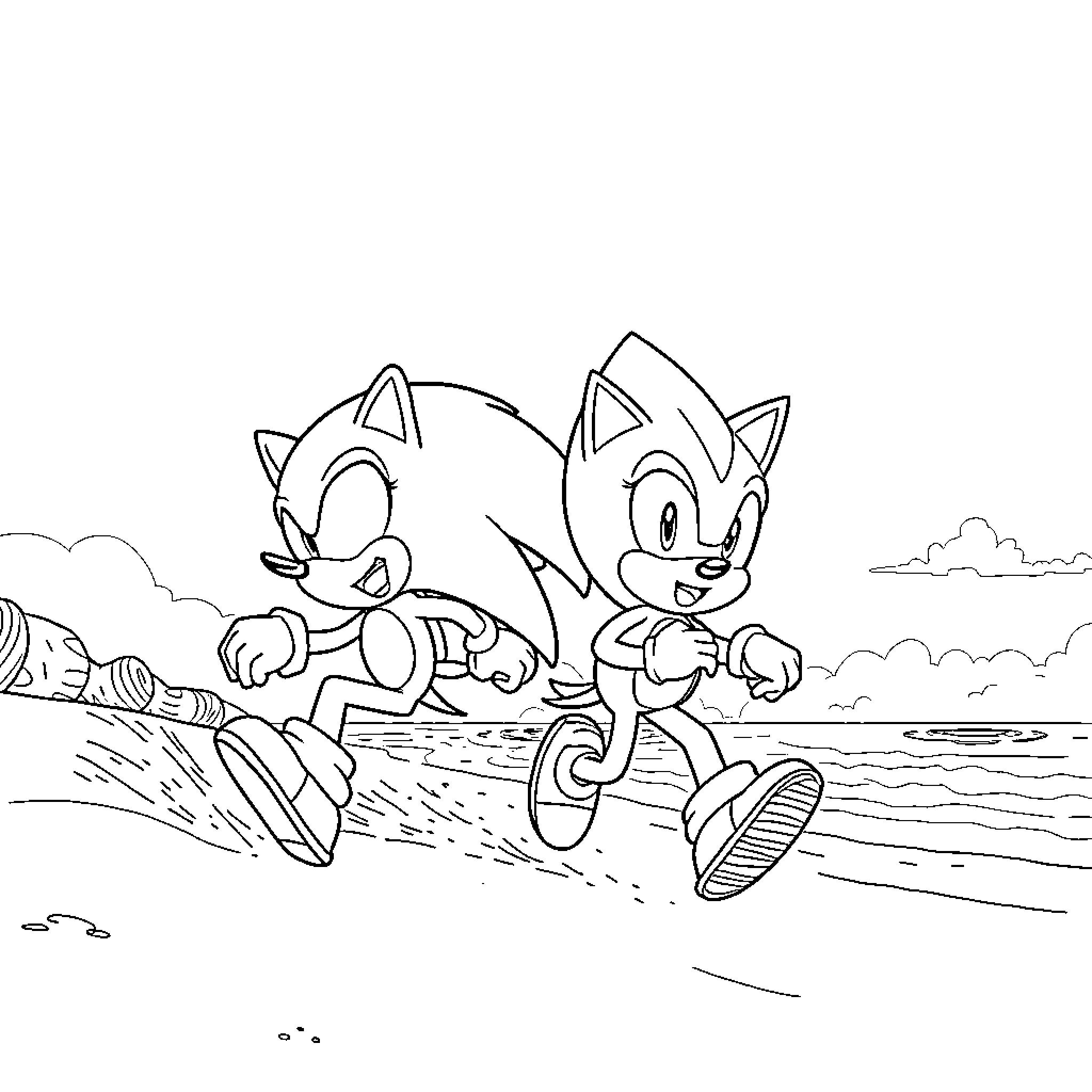 Sonic characters running and playing on the beach Coloring Page (free black-and-white line drawing printable PDF for all, from beginners to advanced learners, including children, teens, adults, and seniors)