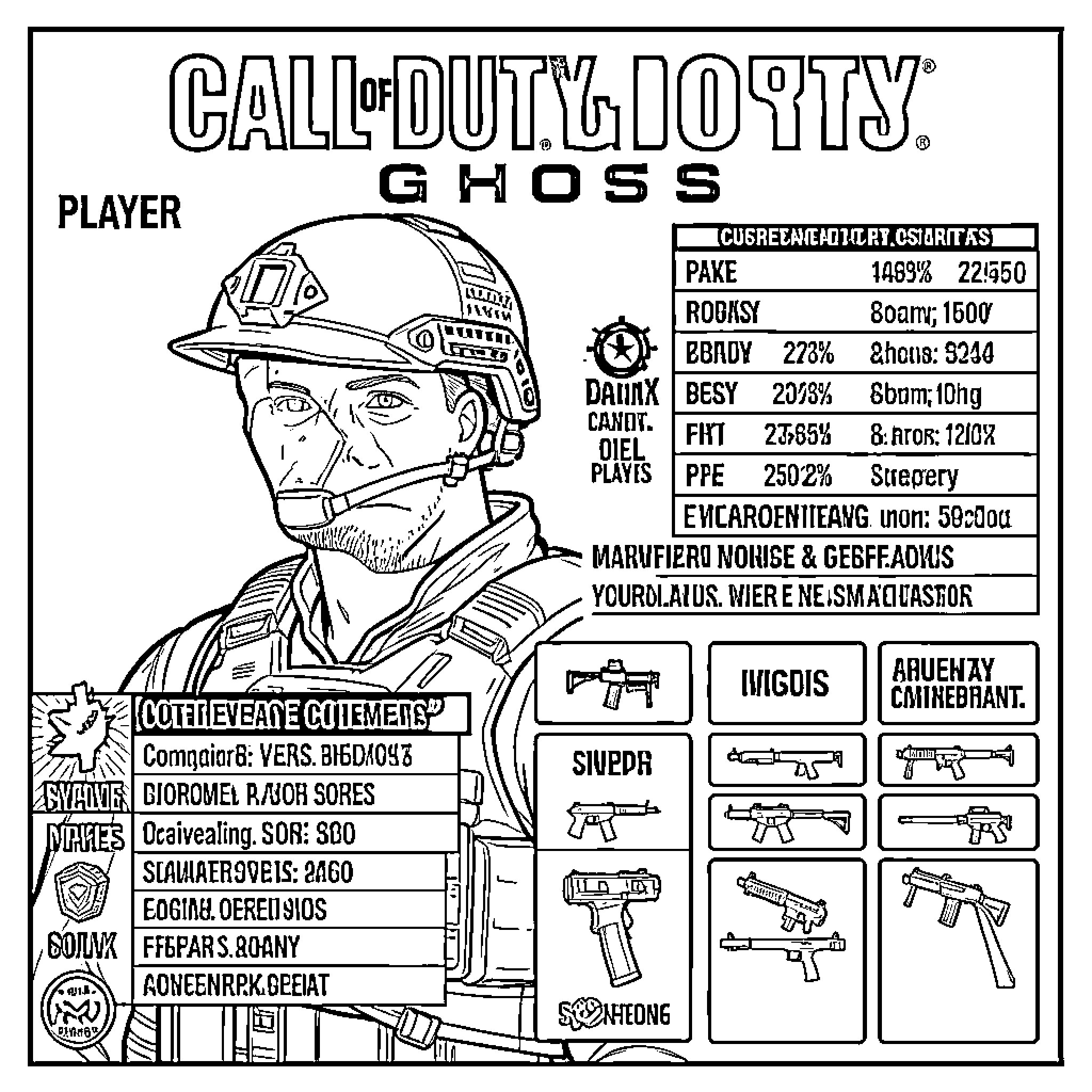 Ghost wearing military gear and communication headset Coloring Page (free black-and-white line drawing printable PDF for all, from beginners to advanced learners, including children, teens, adults, and seniors)
