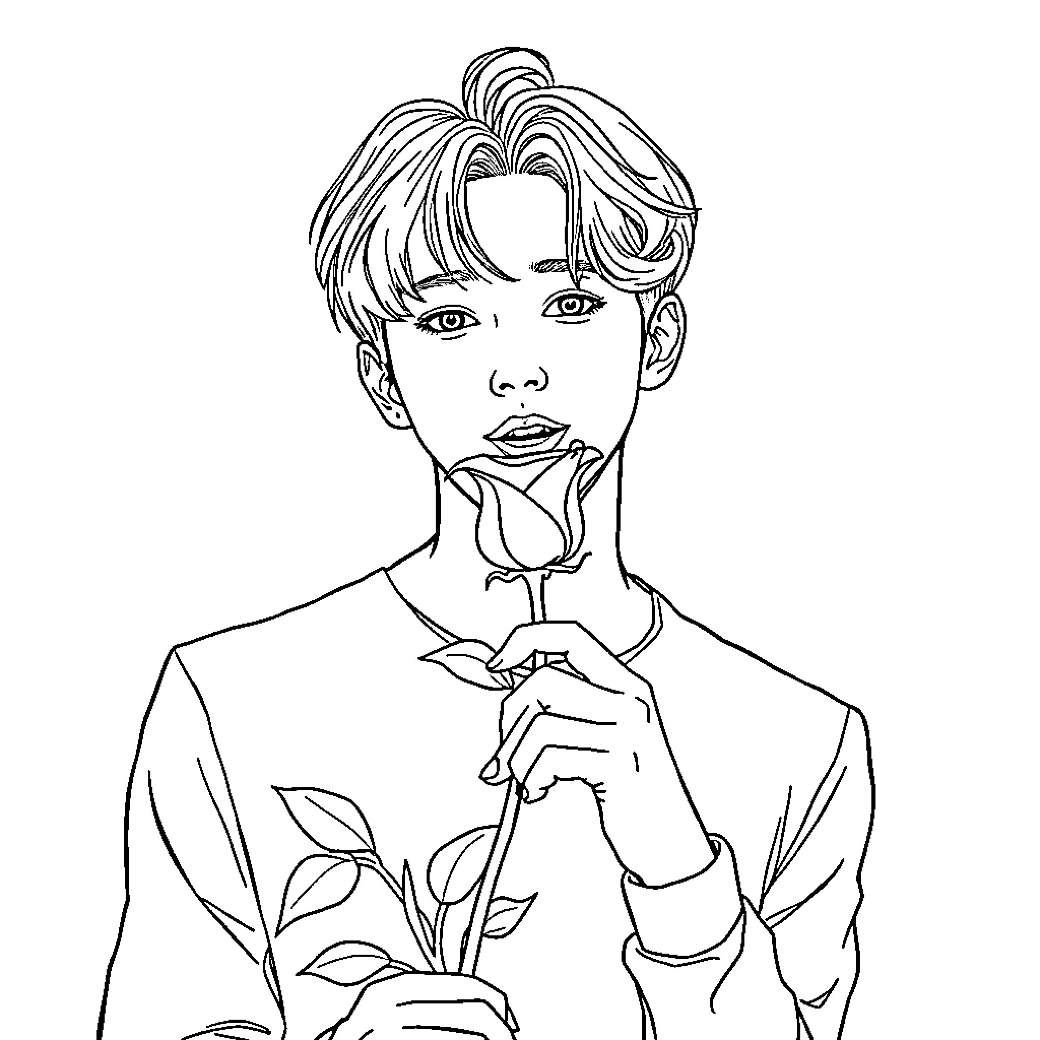 Park Jimin posing with a flower Coloring Page (free black-and-white line drawing printable PDF for all, from beginners to advanced learners, including children, teens, adults, and seniors)