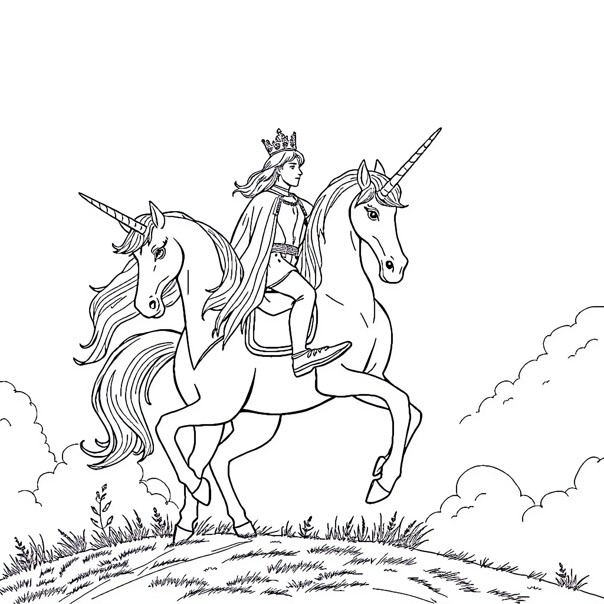 Prince Riding Majestic Unicorns Through the Clouds Coloring Page (free black-and-white line drawing printable PDF for all, from beginners to advanced learners, including children, teens, adults, and seniors)