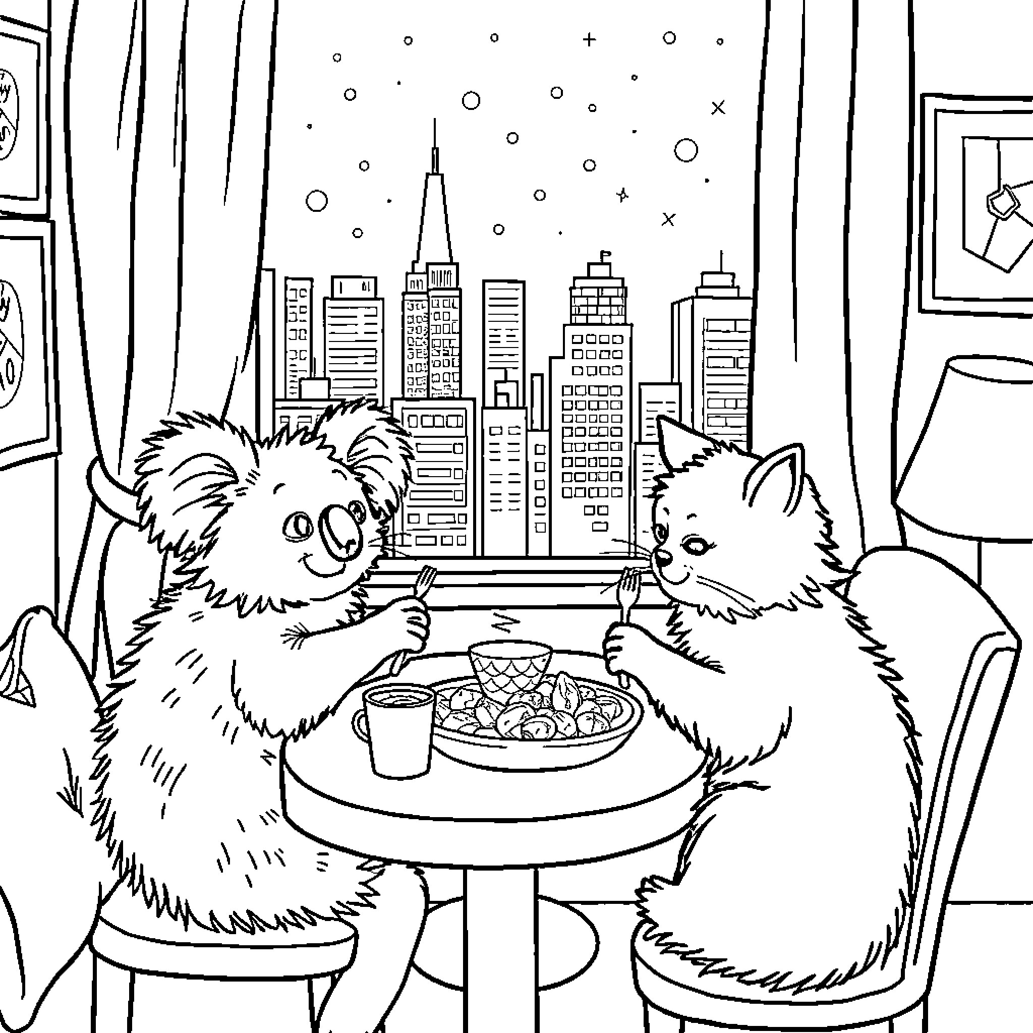 Cats Dining in City at Night Coloring Page (free black-and-white line drawing printable PDF for all, from beginners to advanced learners, including children, teens, adults, and seniors)
