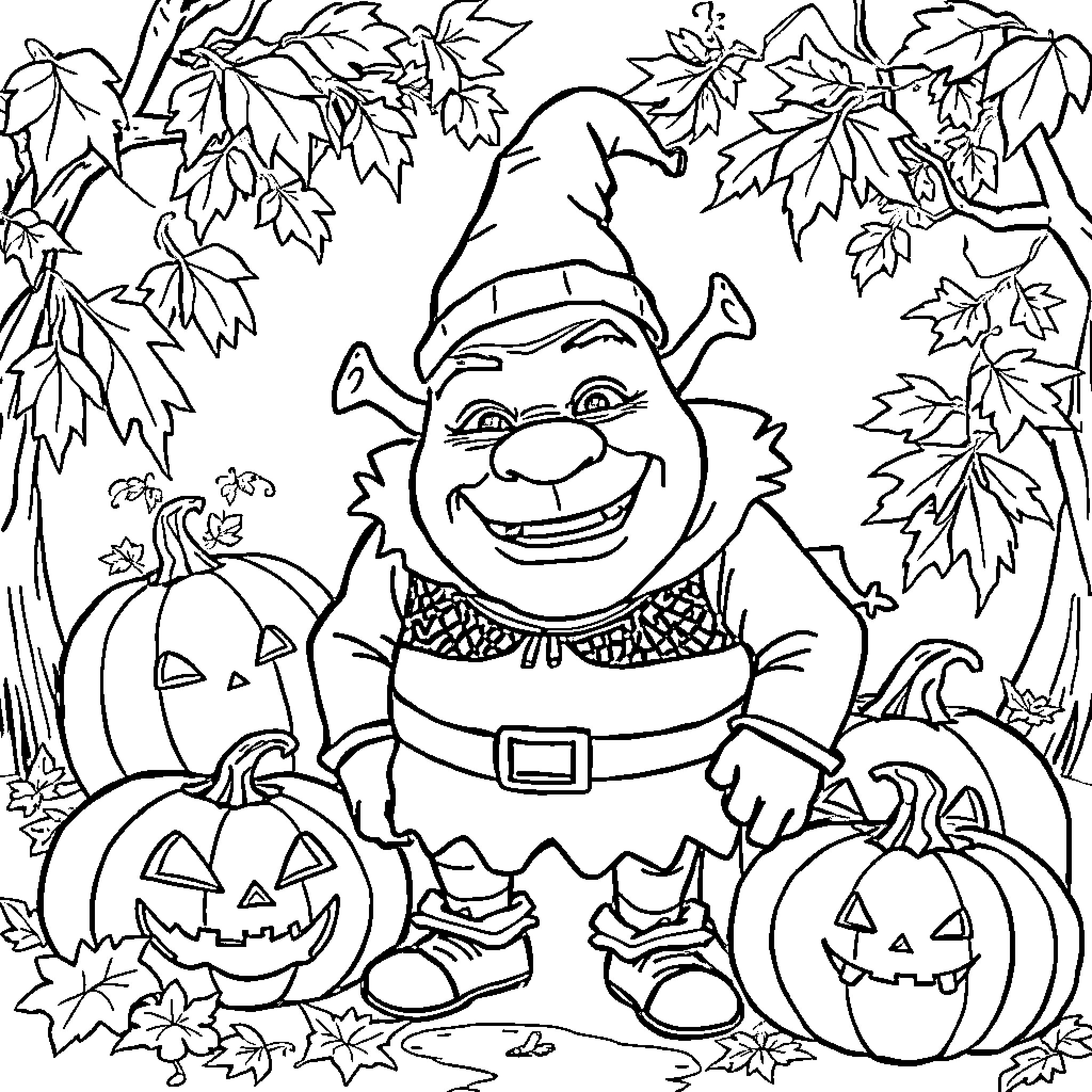 Shrek the Gnome with Pumpkins in the Forest Coloring Page (free black-and-white line drawing printable PDF for all, from beginners to advanced learners, including children, teens, adults, and seniors)