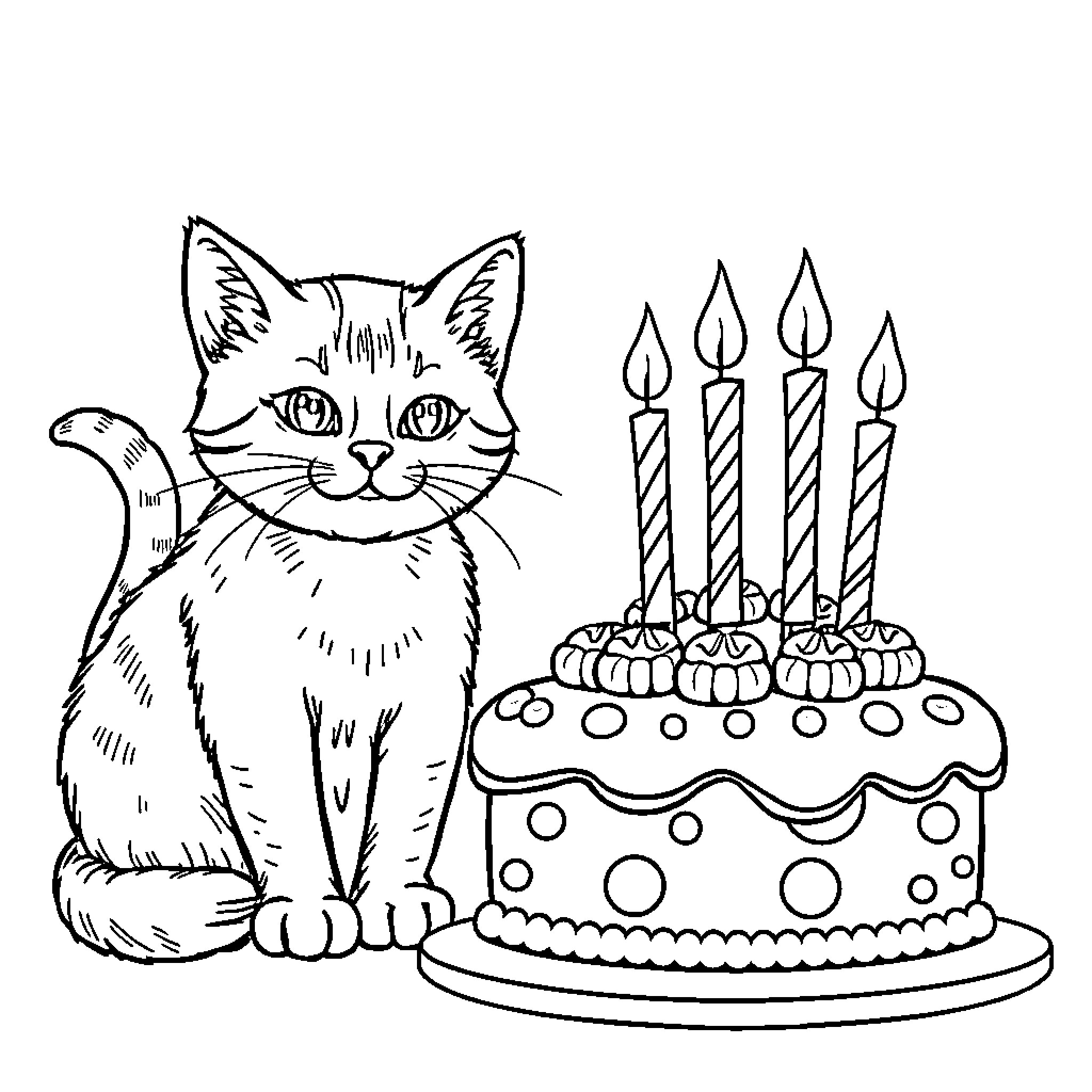 Cat admiring birthday cake with candles Coloring Page (free black-and-white line drawing printable PDF for all, from beginners to advanced learners, including children, teens, adults, and seniors)