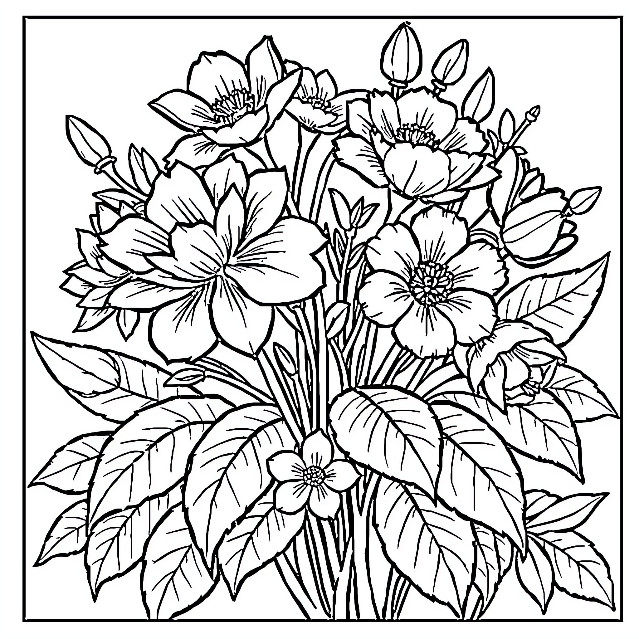 Spring Bouquet of Vibrant Flowers Coloring Page (free black-and-white line drawing printable PDF for all, from beginners to advanced learners, including children, teens, adults, and seniors)